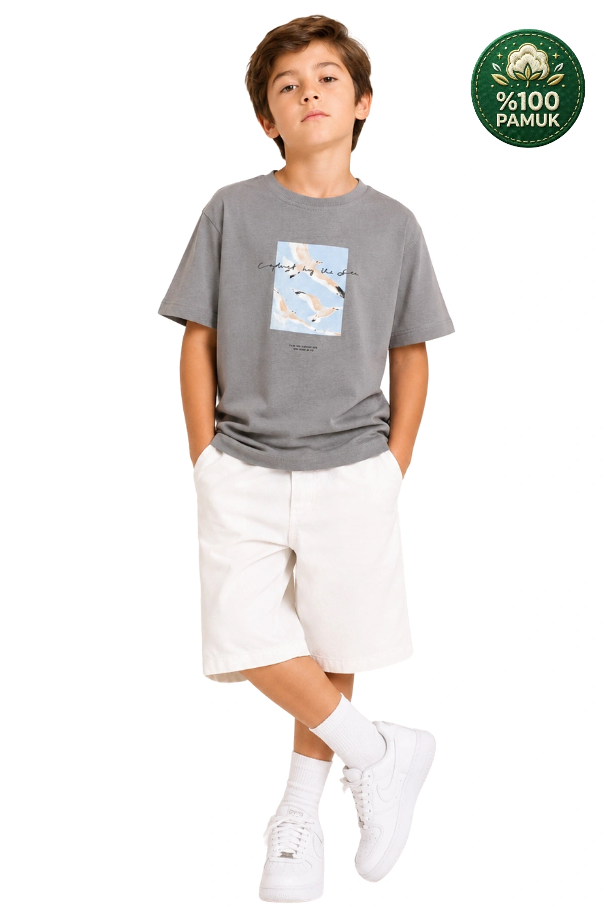 Erkek Çocuk Basic Kısa Kollu %100 Pamuk Martı Aplike Nakış Detaylı Rahat Gri T-Shirt