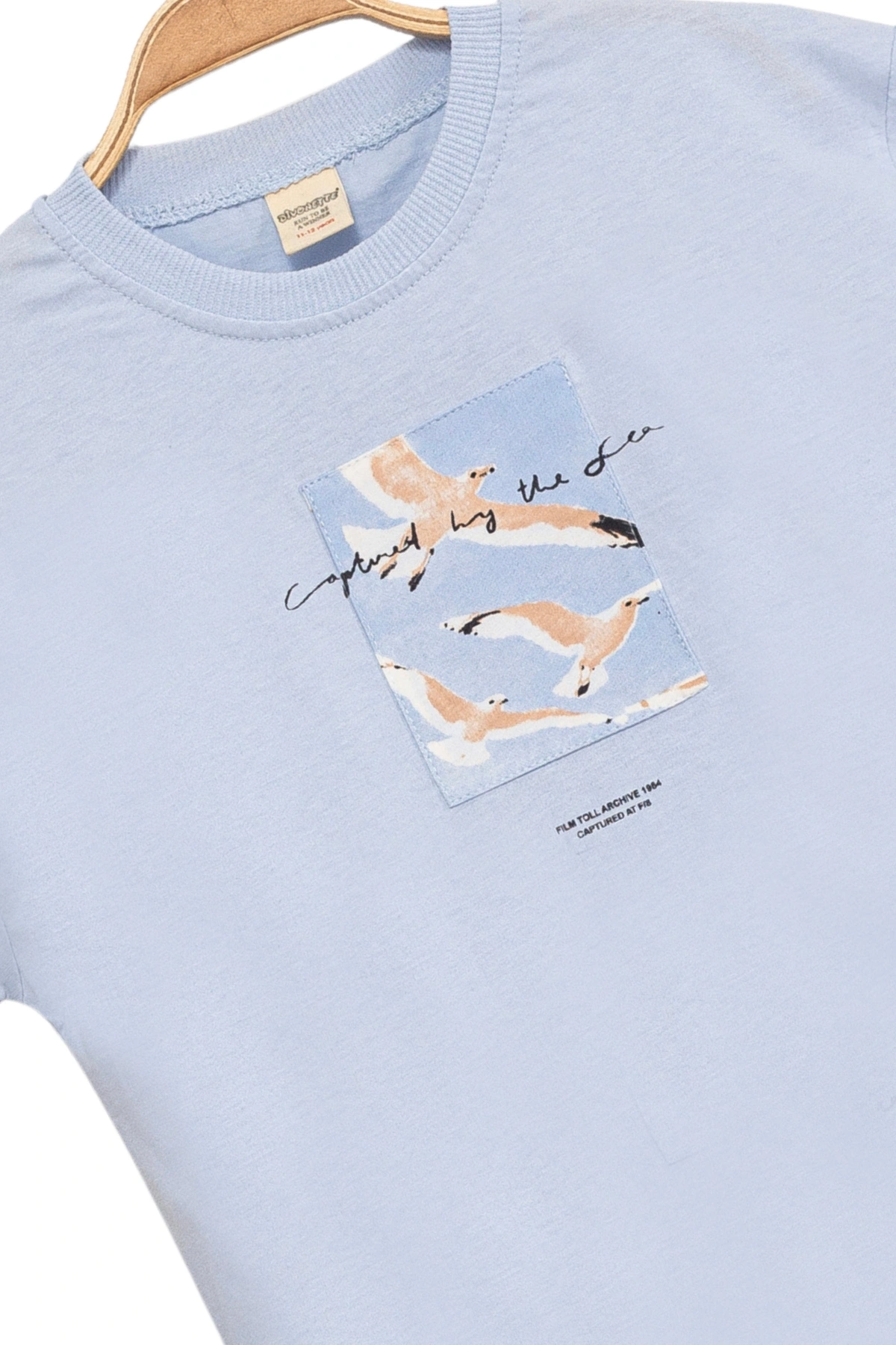 Erkek Çocuk Basic Kısa Kollu %100 Pamuk Martı Aplike Nakış Detaylı Rahat Mavi T-Shirt