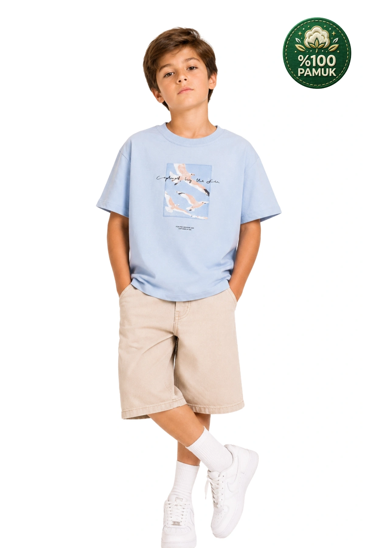 Erkek Çocuk Basic Kısa Kollu %100 Pamuk Martı Aplike Nakış Detaylı Rahat Mavi T-Shirt