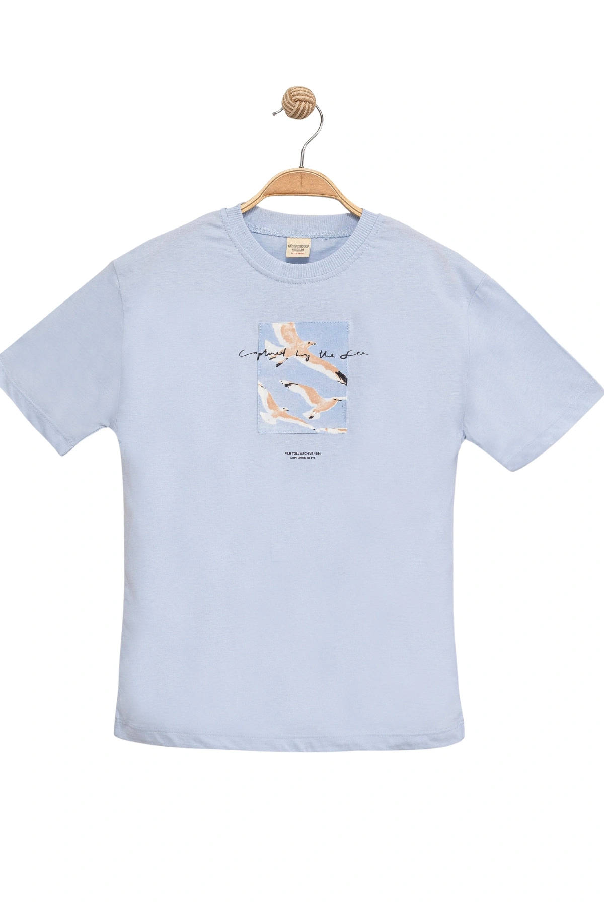 Erkek Çocuk Basic Kısa Kollu %100 Pamuk Martı Aplike Nakış Detaylı Rahat Mavi T-Shirt