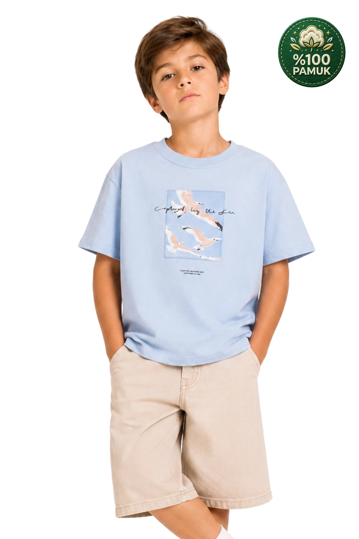 Erkek Çocuk Basic Kısa Kollu %100 Pamuk Martı Aplike Nakış Detaylı Rahat Mavi T-Shirt