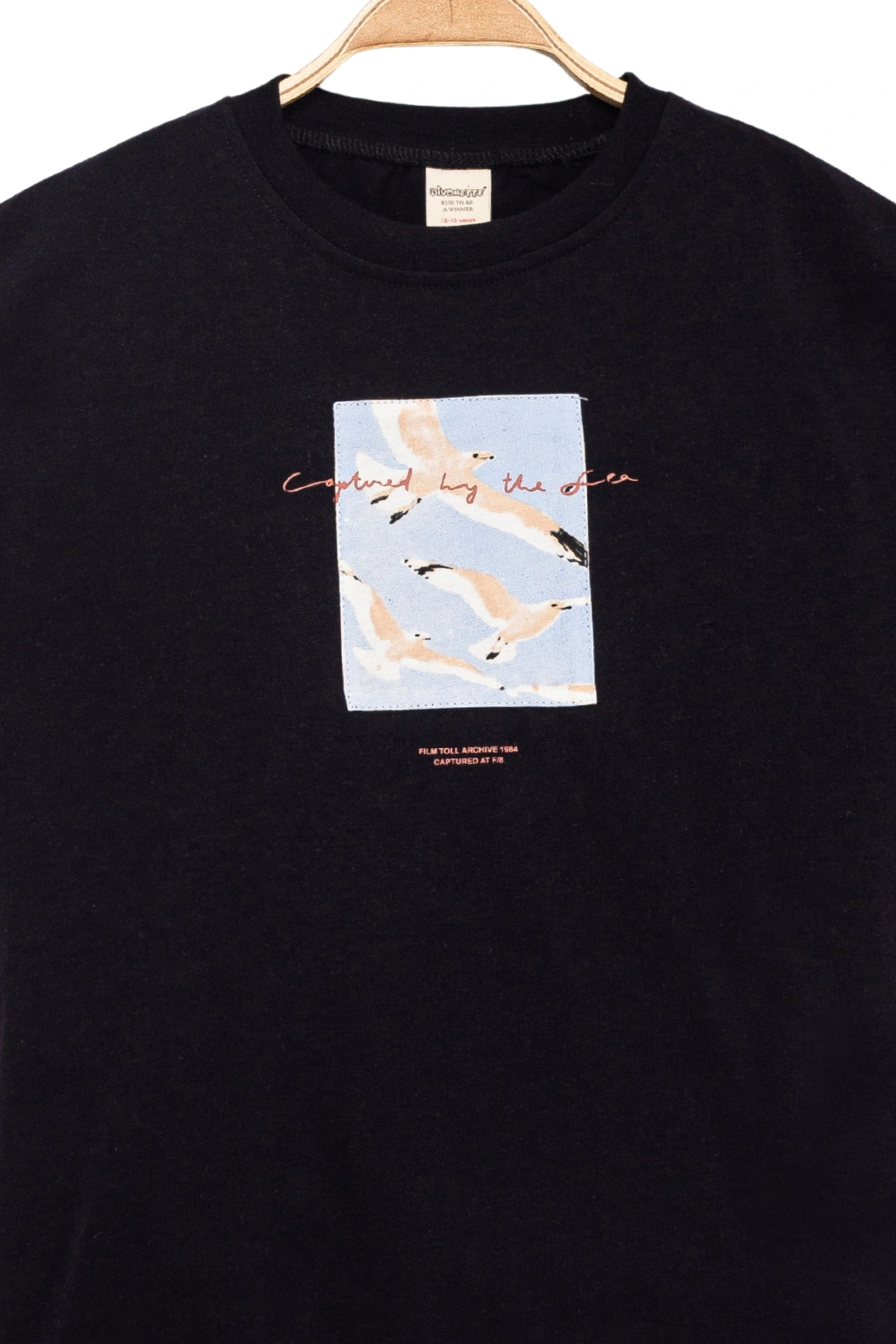 Erkek Çocuk Basic Kısa Kollu %100 Pamuk Martı Aplike Nakış Detaylı Rahat SİYAH T-Shirt