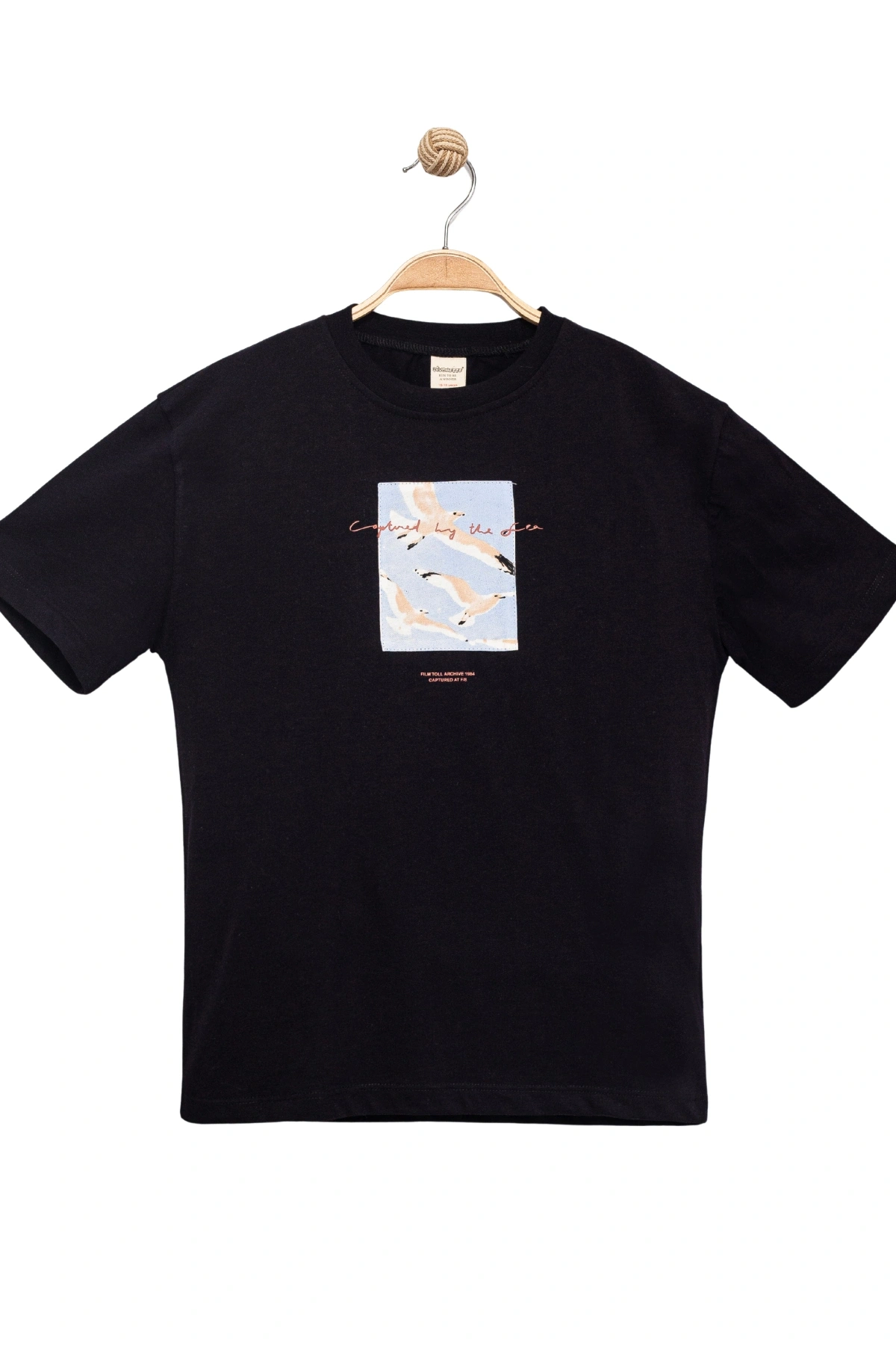 Erkek Çocuk Basic Kısa Kollu %100 Pamuk Martı Aplike Nakış Detaylı Rahat SİYAH T-Shirt