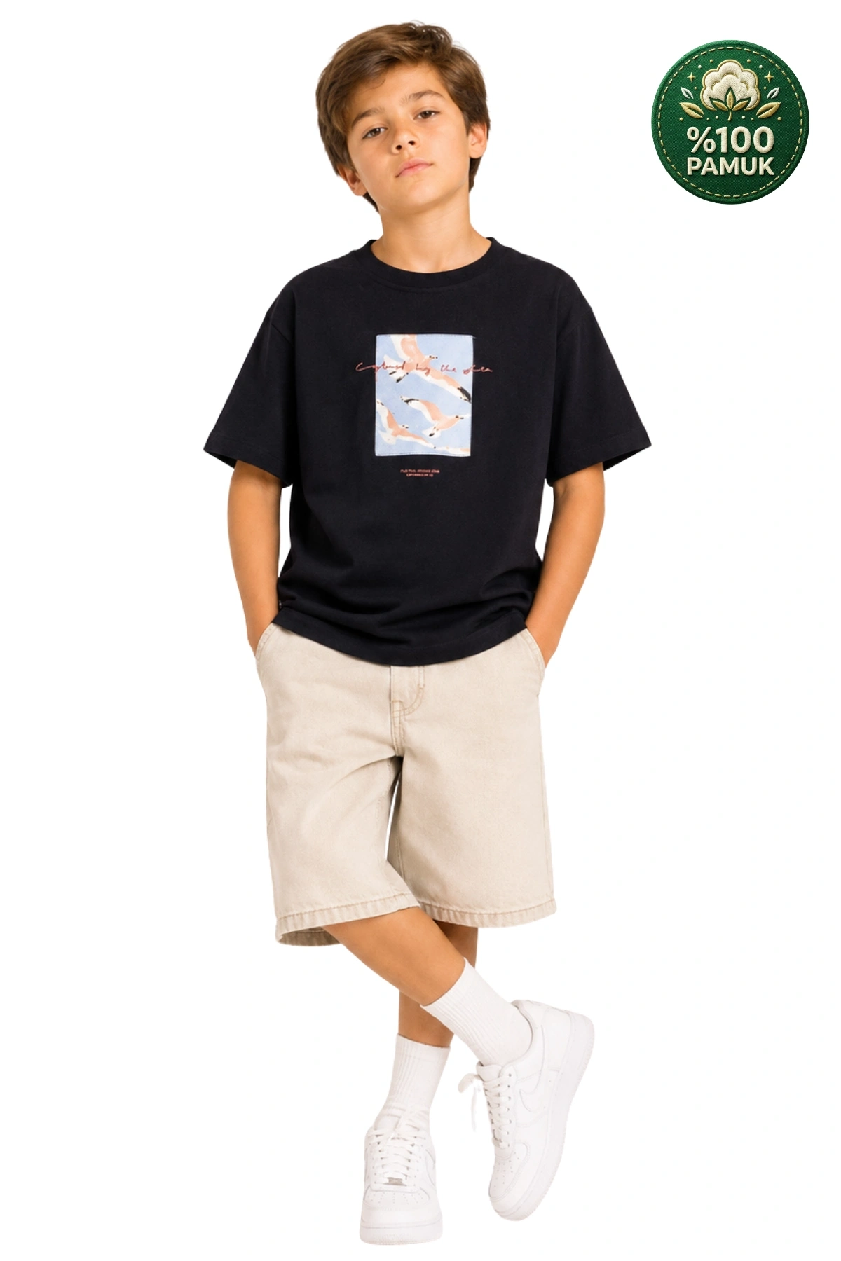 Erkek Çocuk Basic Kısa Kollu %100 Pamuk Martı Aplike Nakış Detaylı Rahat SİYAH T-Shirt