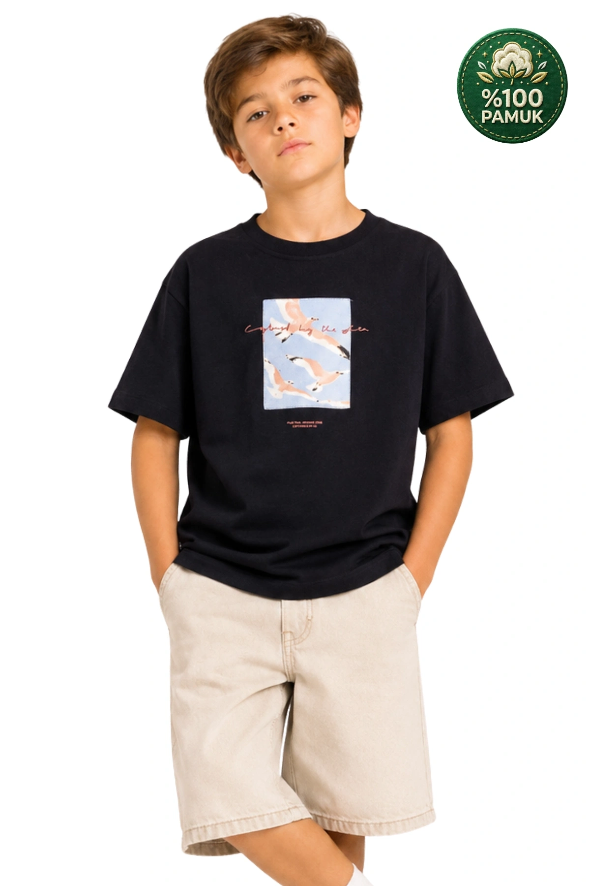 Erkek Çocuk Basic Kısa Kollu %100 Pamuk Martı Aplike Nakış Detaylı Rahat SİYAH T-Shirt