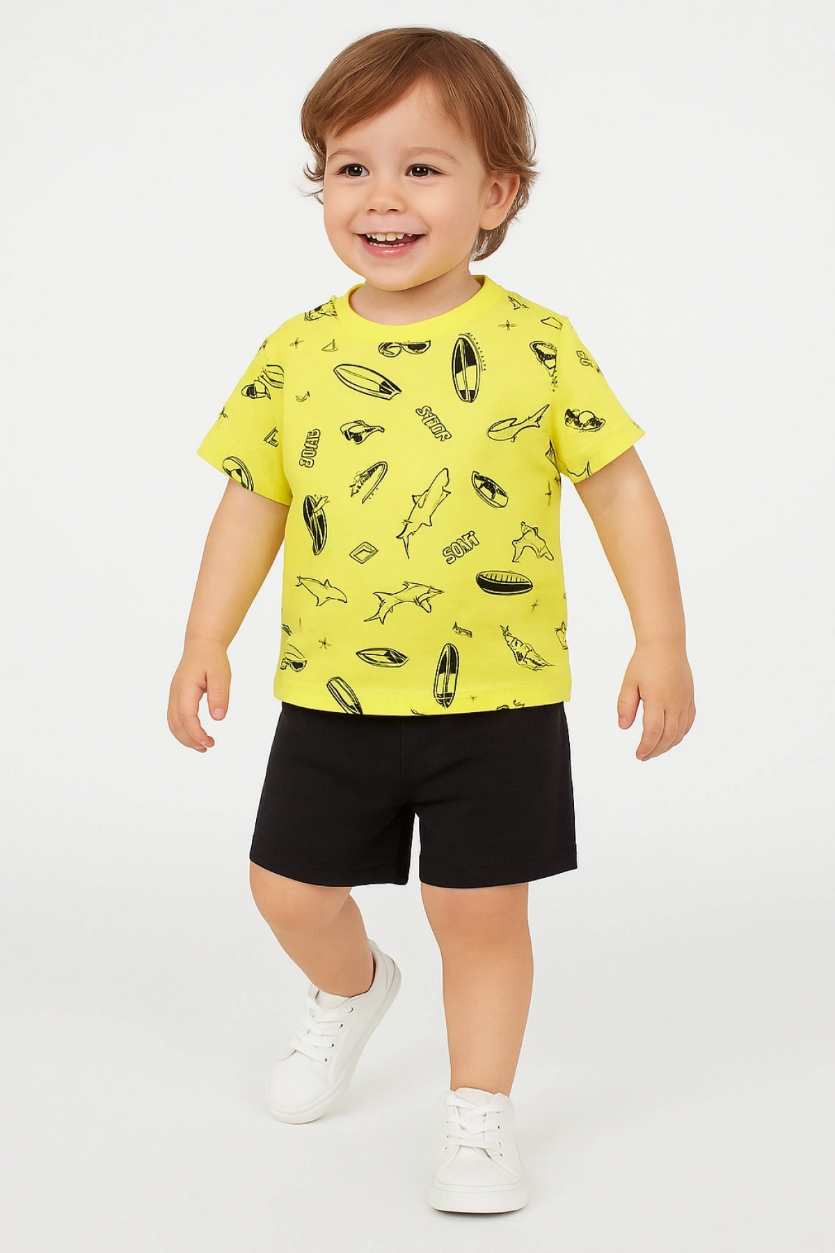 Erkek Çocuk Takım %100 Pamuk Sarı Baskılı Tişört ve Siyah Şort Alt Üst Takım