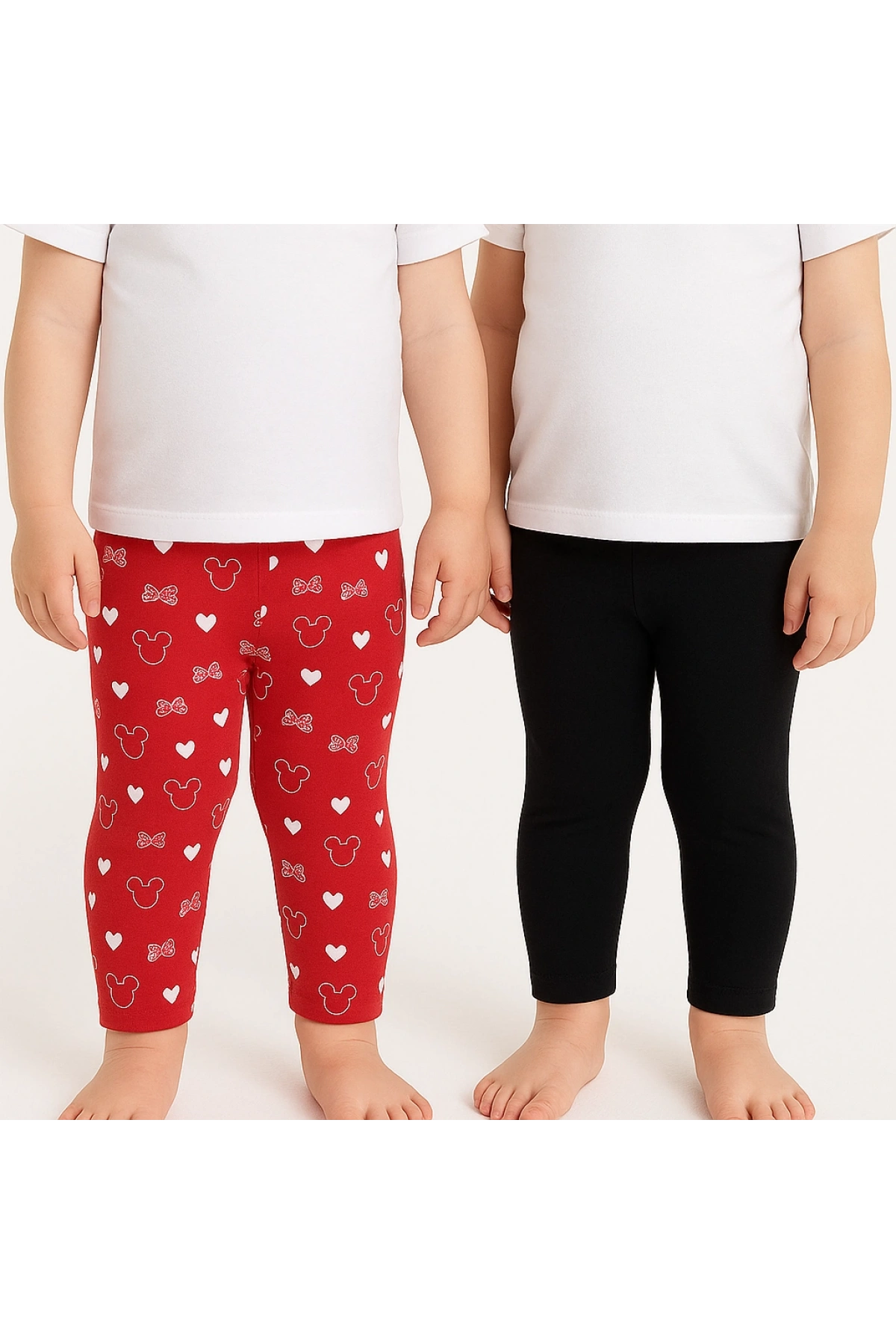 Kız Bebek 2li Set Pamuklu Kalp Fiyonk Desenli ve Düz Renk Tayt