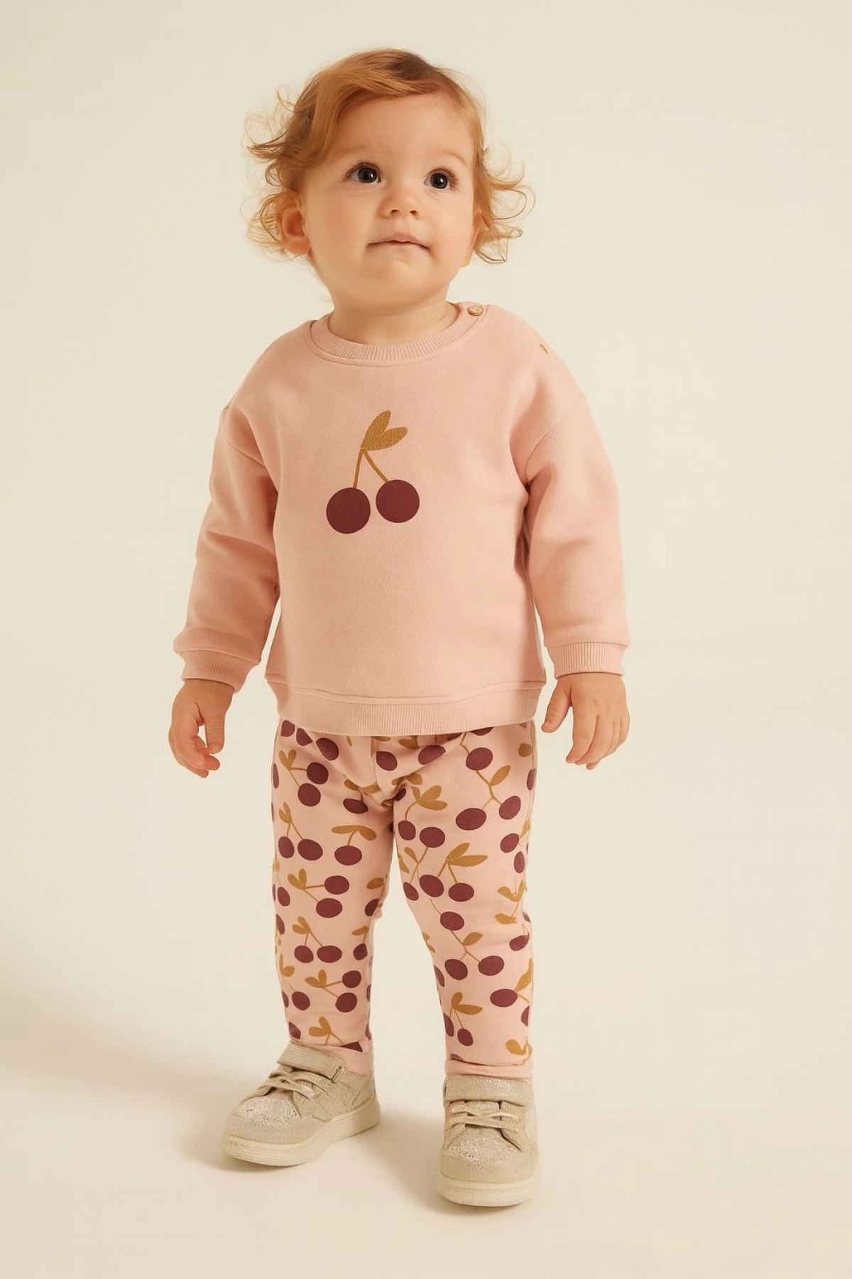 Kız Bebek Bisiklet Yaka Kiraz Desenli Alt Üst Takım (Sweatshirt & Tayt) - Pembe Uzun Kol Set