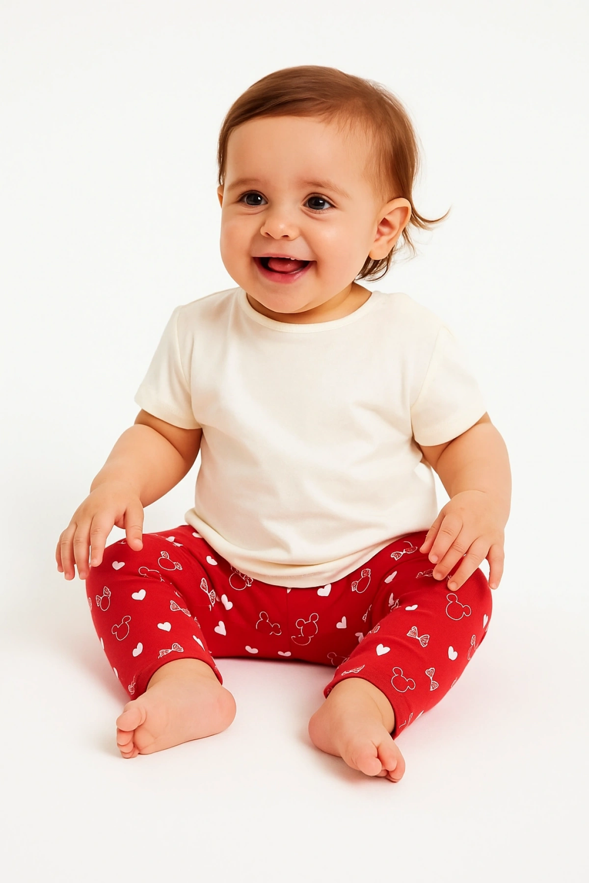Kız Bebek Kırmızı Tayt %100 Pamuk - Kalp ve Fiyonk Desenli Rahat Kalıp Bebek Tayt