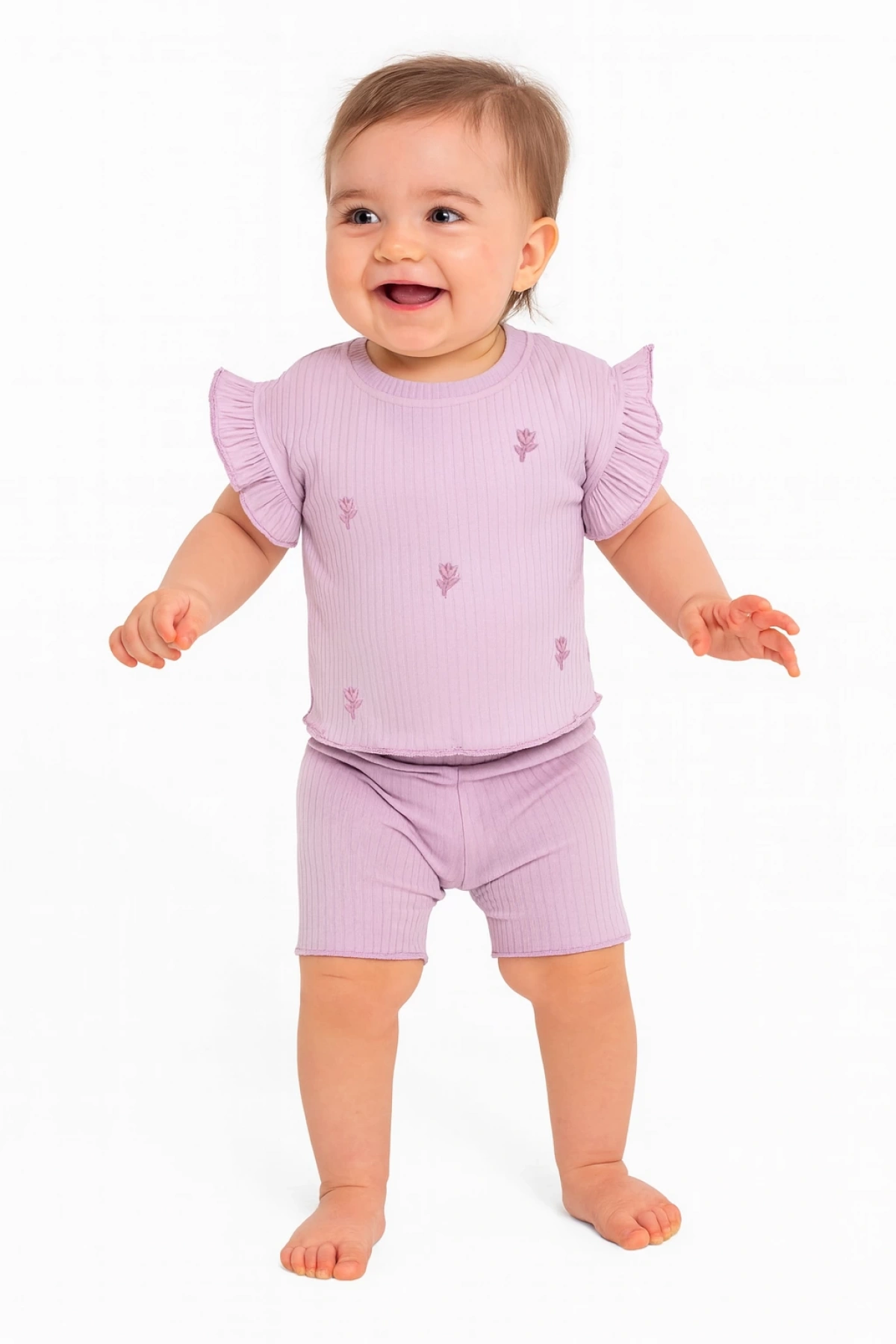 Kız Bebek Takım Lila %100 Pamuk Kısa Kollu Fırfırlı Bluz Şortlu Çiçek Nakışlı Alt Üst Takım
