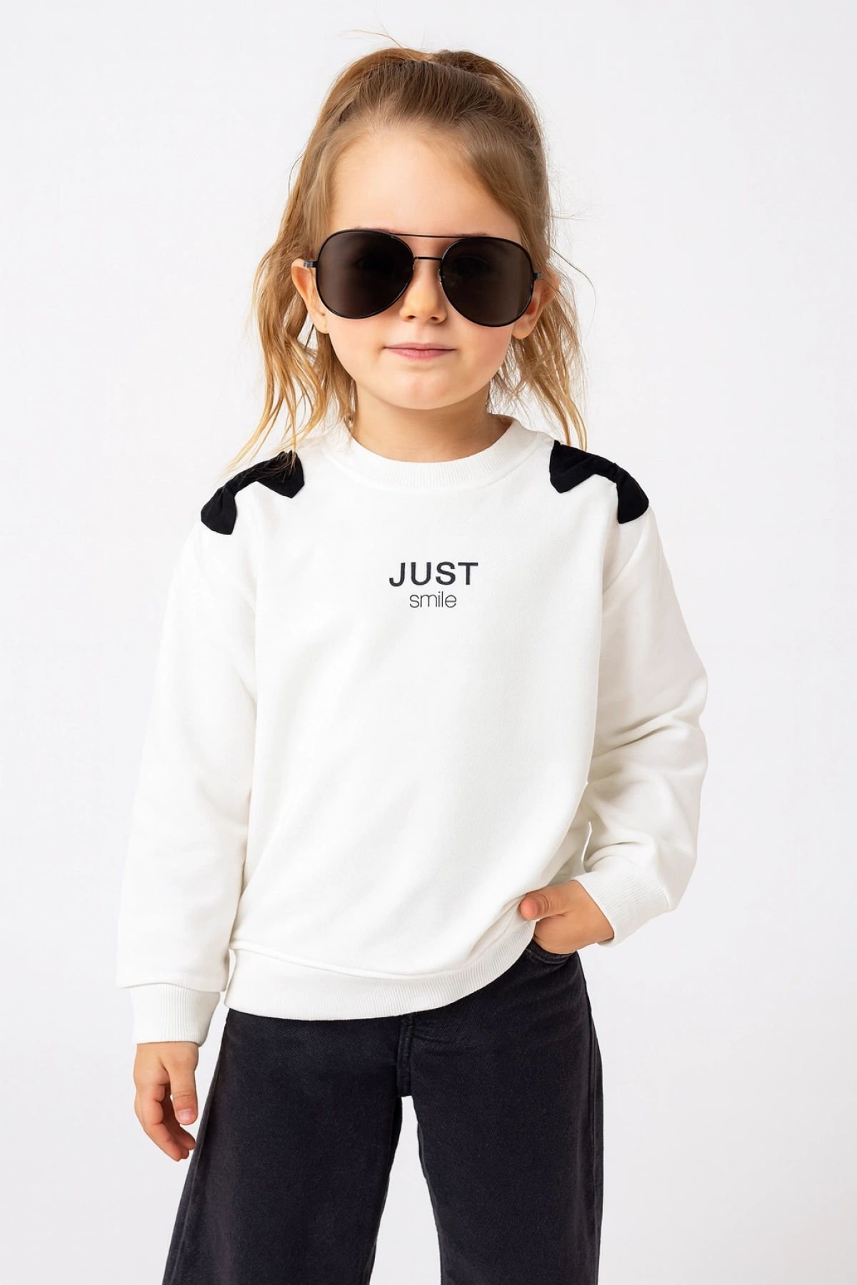 Kız Çocuk %100 Pamuk Ekru Sweatshirt Fiyonk Detaylı - Rahat Kız Çocuk Giyim