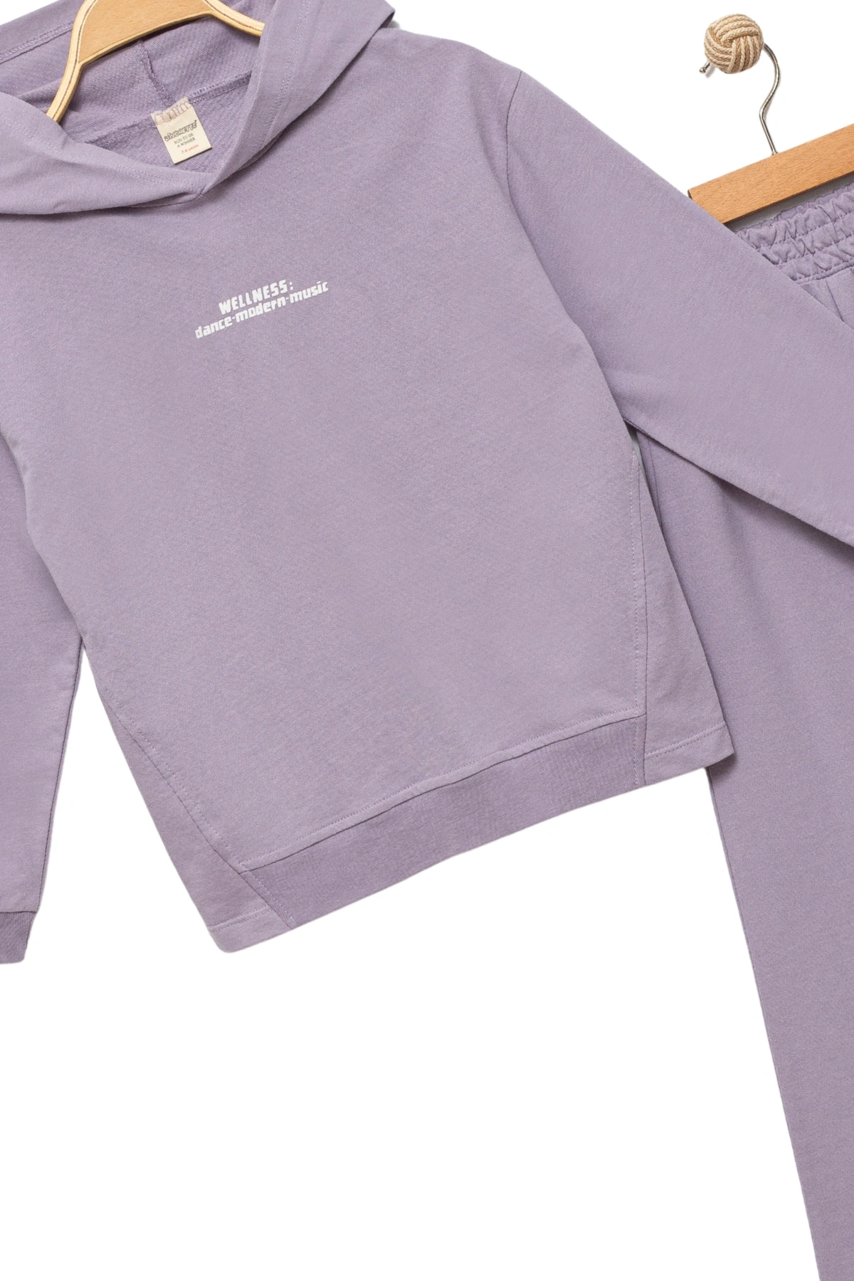 Kız Çocuk %100 Pamuk Kapüşonlu Sweatshirt Geniş Paça Lila Eşofman Takımı