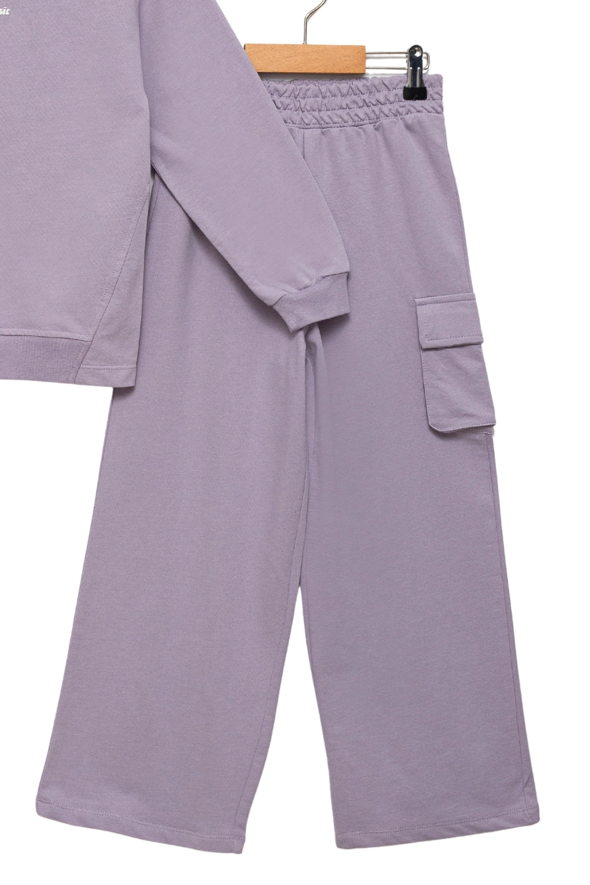 Kız Çocuk %100 Pamuk Kapüşonlu Sweatshirt Geniş Paça Lila Eşofman Takımı