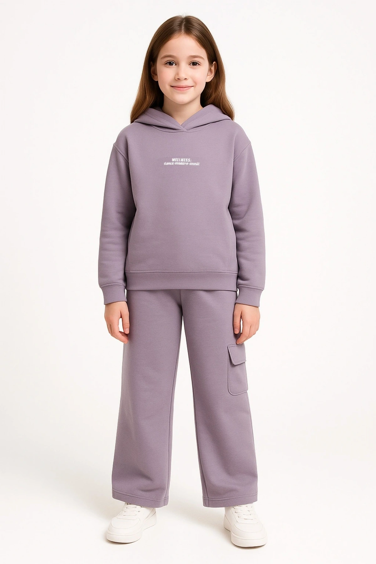 Kız Çocuk %100 Pamuk Kapüşonlu Sweatshirt Geniş Paça Lila Eşofman Takımı