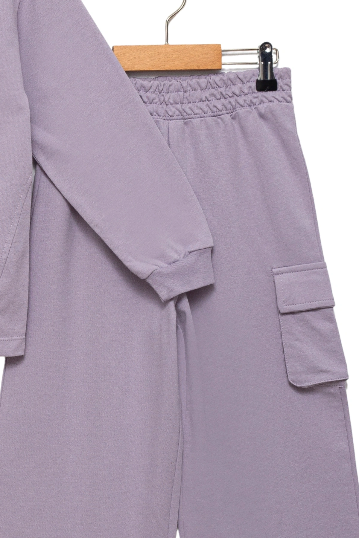 Kız Çocuk %100 Pamuk Kapüşonlu Sweatshirt Geniş Paça Lila Eşofman Takımı