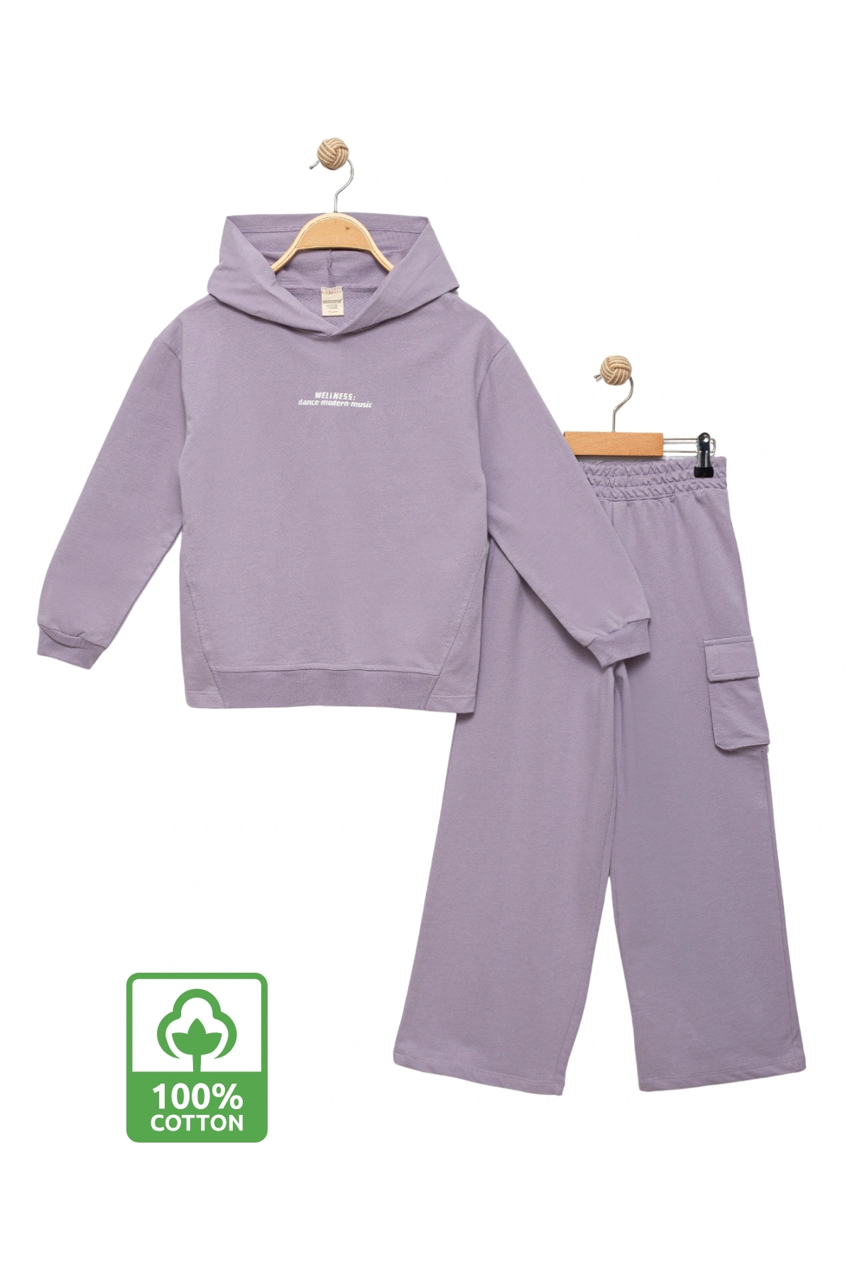 Kız Çocuk %100 Pamuk Kapüşonlu Sweatshirt Geniş Paça Lila Eşofman Takımı