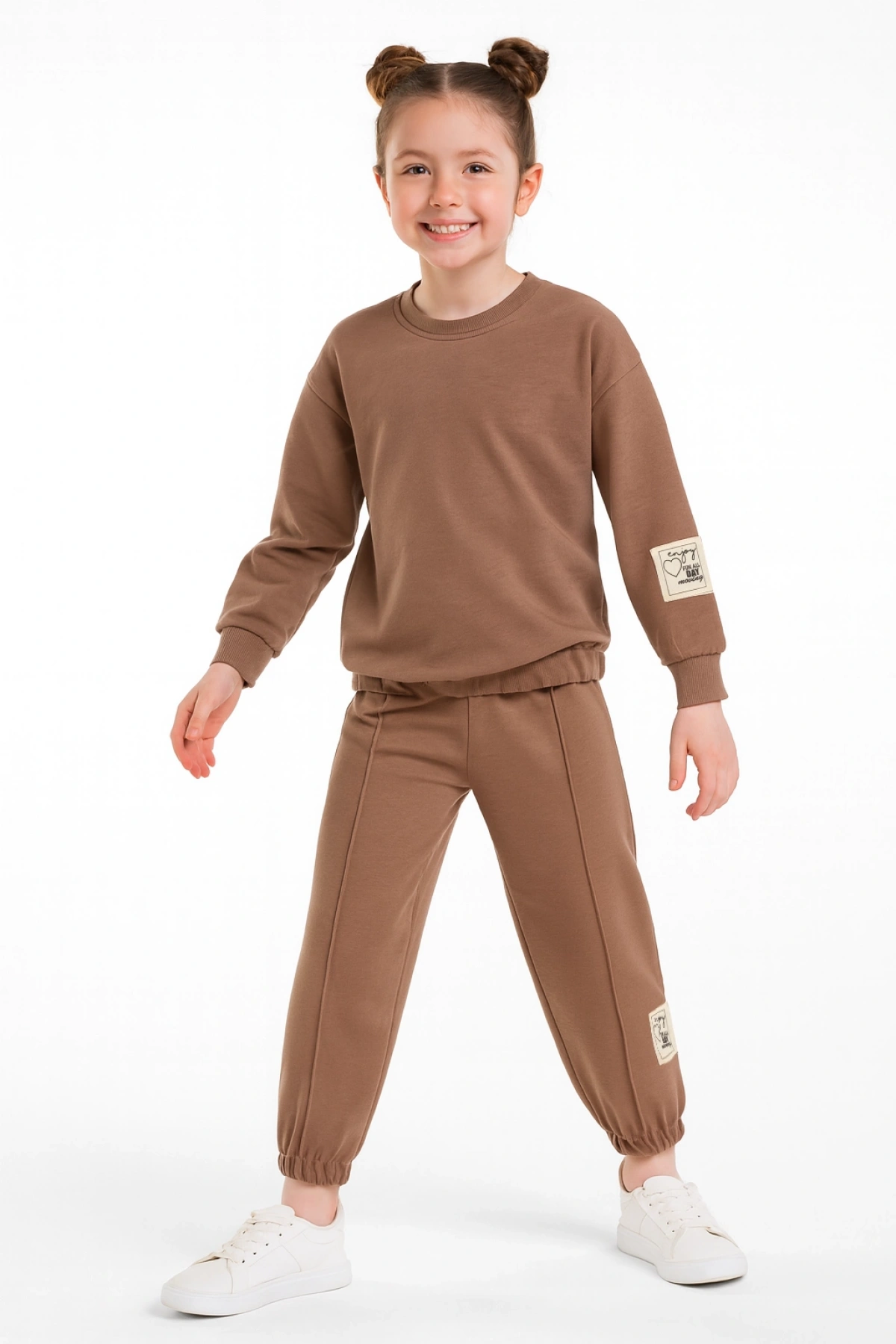 Kız Çocuk %100 Pamuk Bisiklet Yaka Sweatshirt ve Lastikli Paça 2li Kahverengi Eşofman Takımı