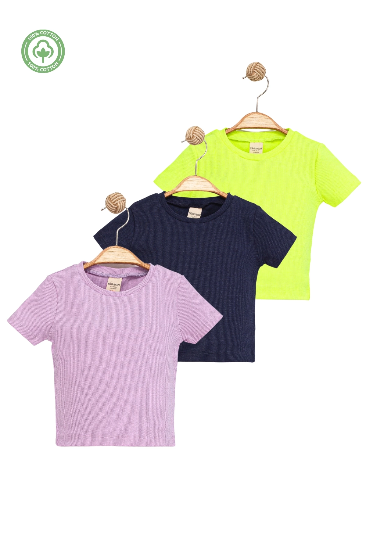 Kız Çocuk 3lü Set Düz Kısa Kollu Kaşkorse T-shirt -Çocuk Giyim