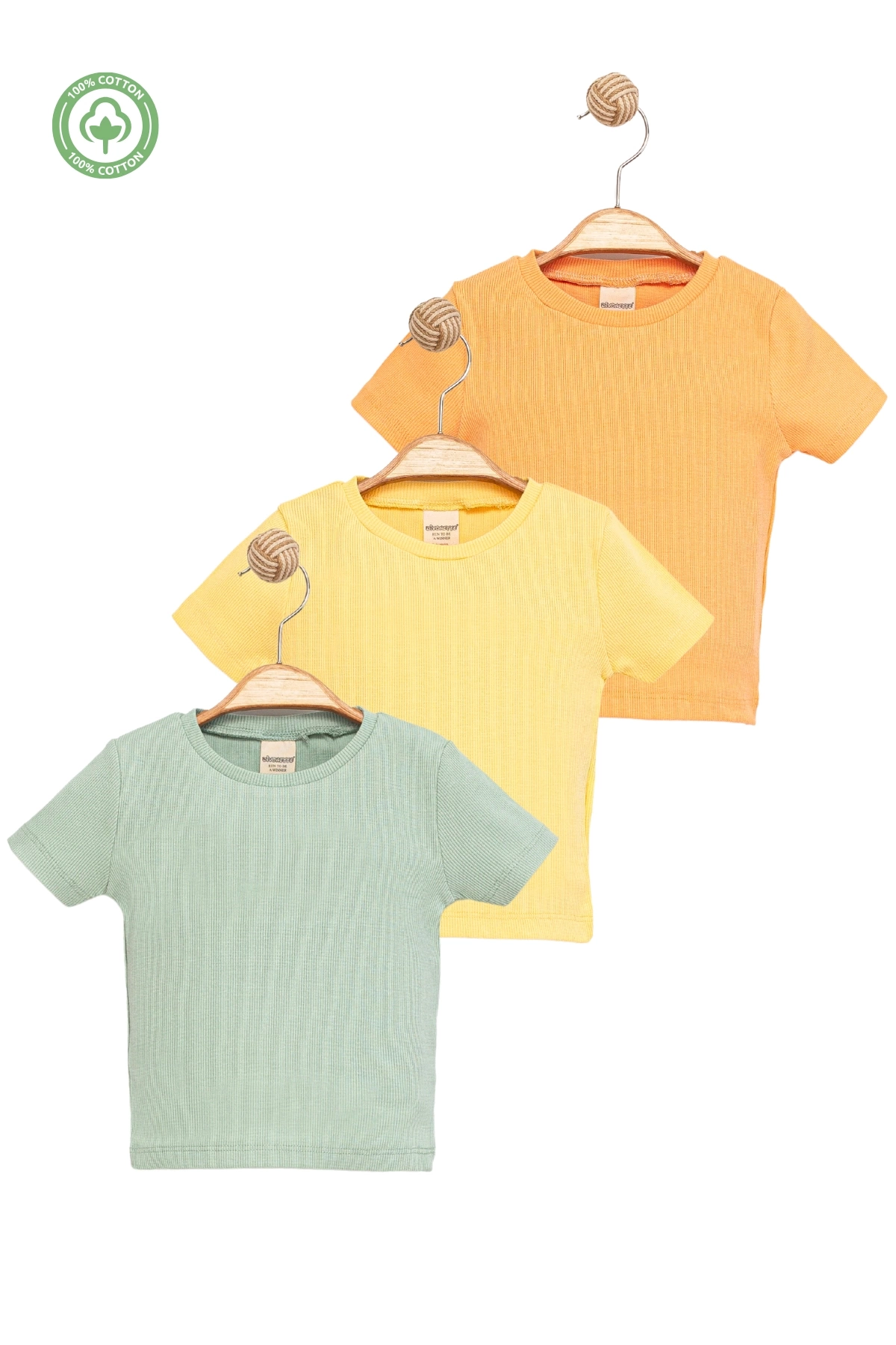 Kız Çocuk 3lü Set Düz Kısa Kollu Kaşkorse T-shirt -Çocuk Giyim