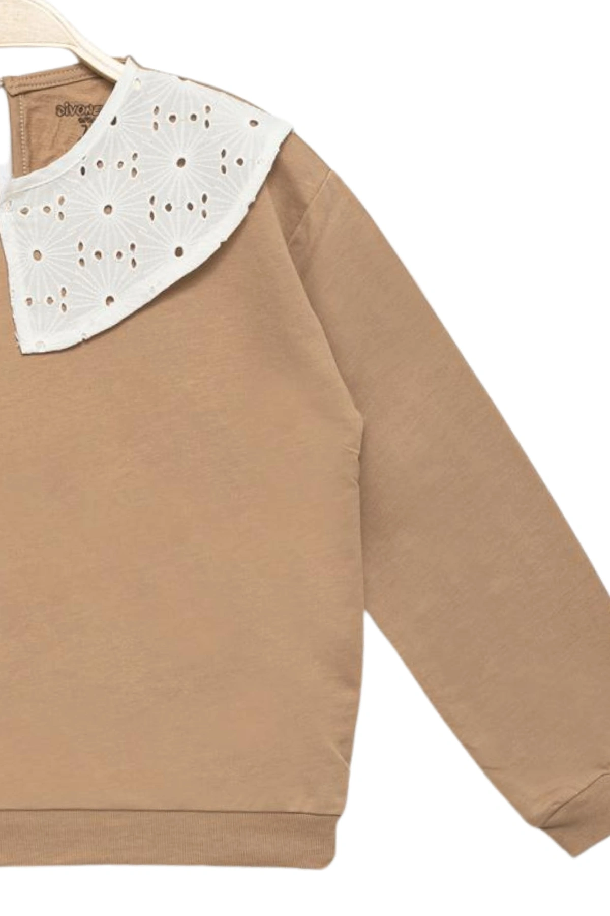 Kız Çocuk Brode Yaka %100 Pamuk Sweatshirt - Süs Brode Yakalı Çocuk Sweat