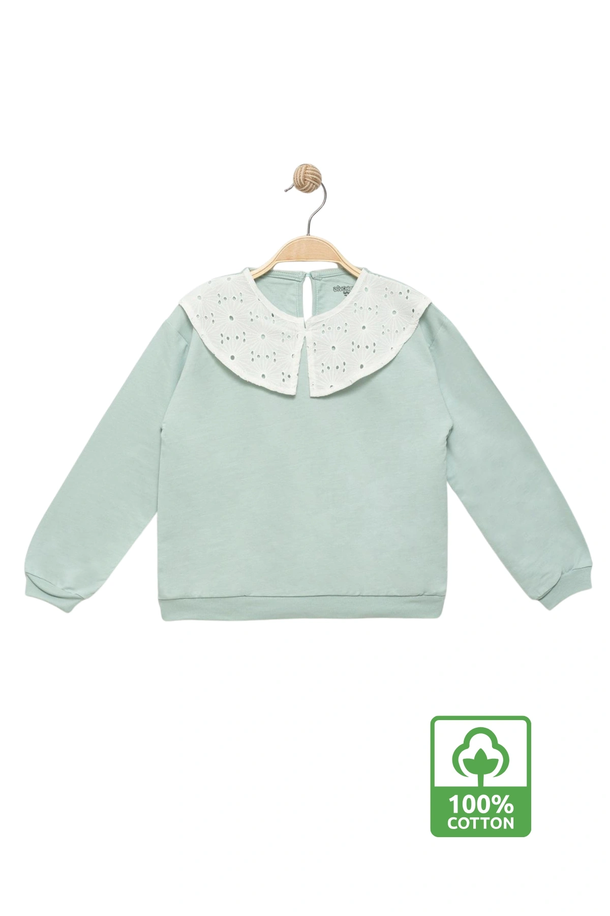 Kız Çocuk Brode Yaka %100 Pamuk Sweatshirt - Süs Brode Yakalı Çocuk Sweat