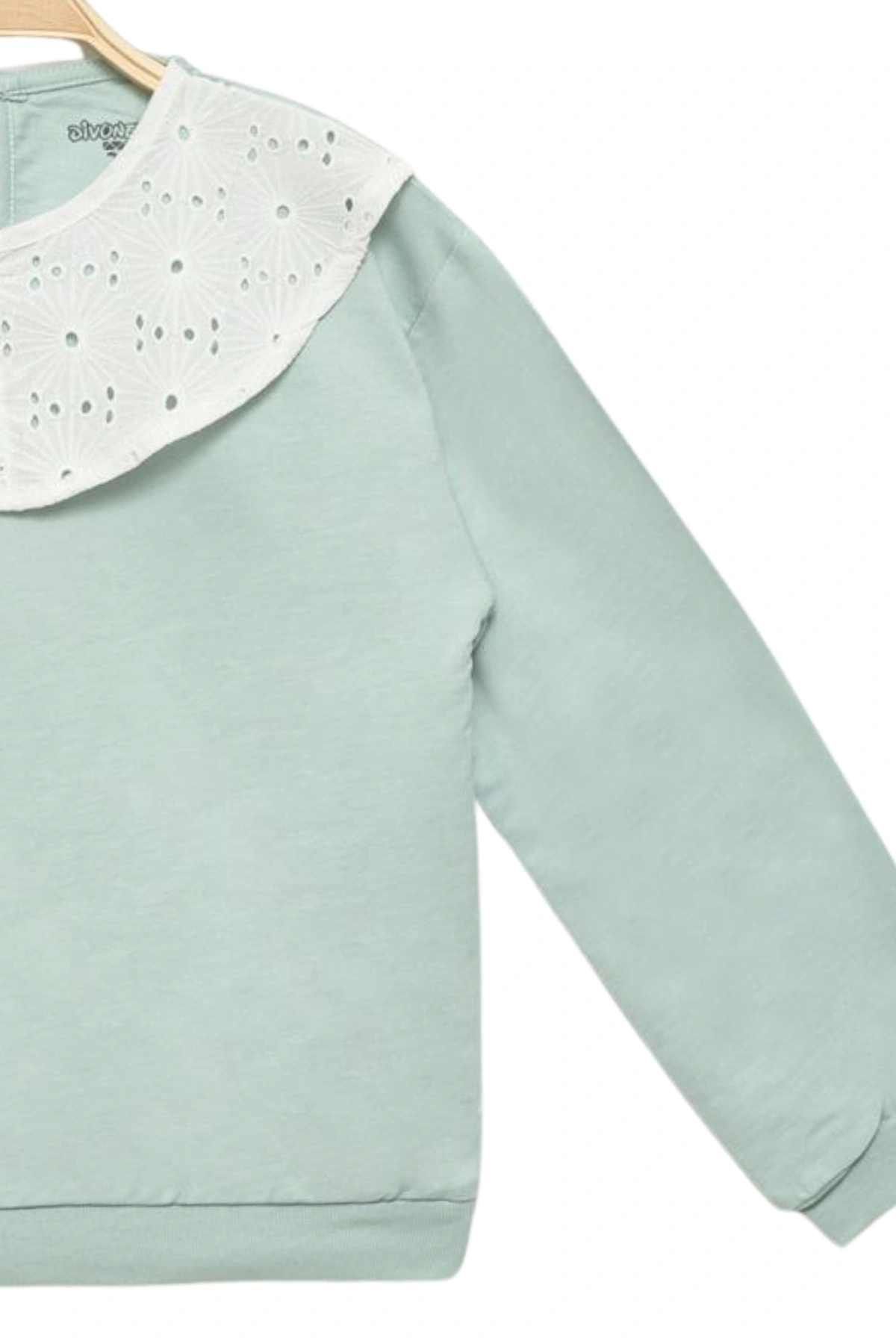 Kız Çocuk Brode Yaka %100 Pamuk Sweatshirt - Süs Brode Yakalı Çocuk Sweat