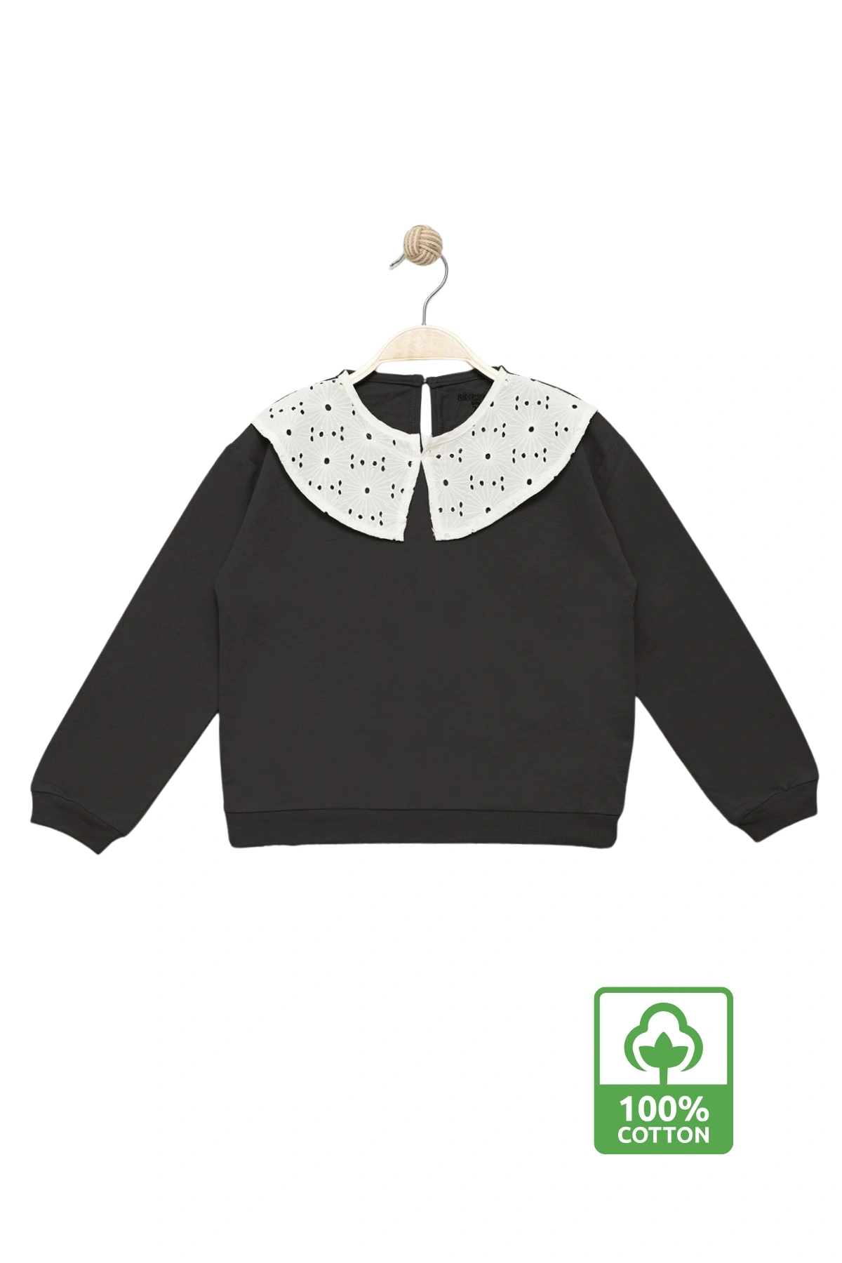 Kız Çocuk Brode Yaka %100 Pamuk Sweatshirt - Süs Brode Yakalı Çocuk Sweat