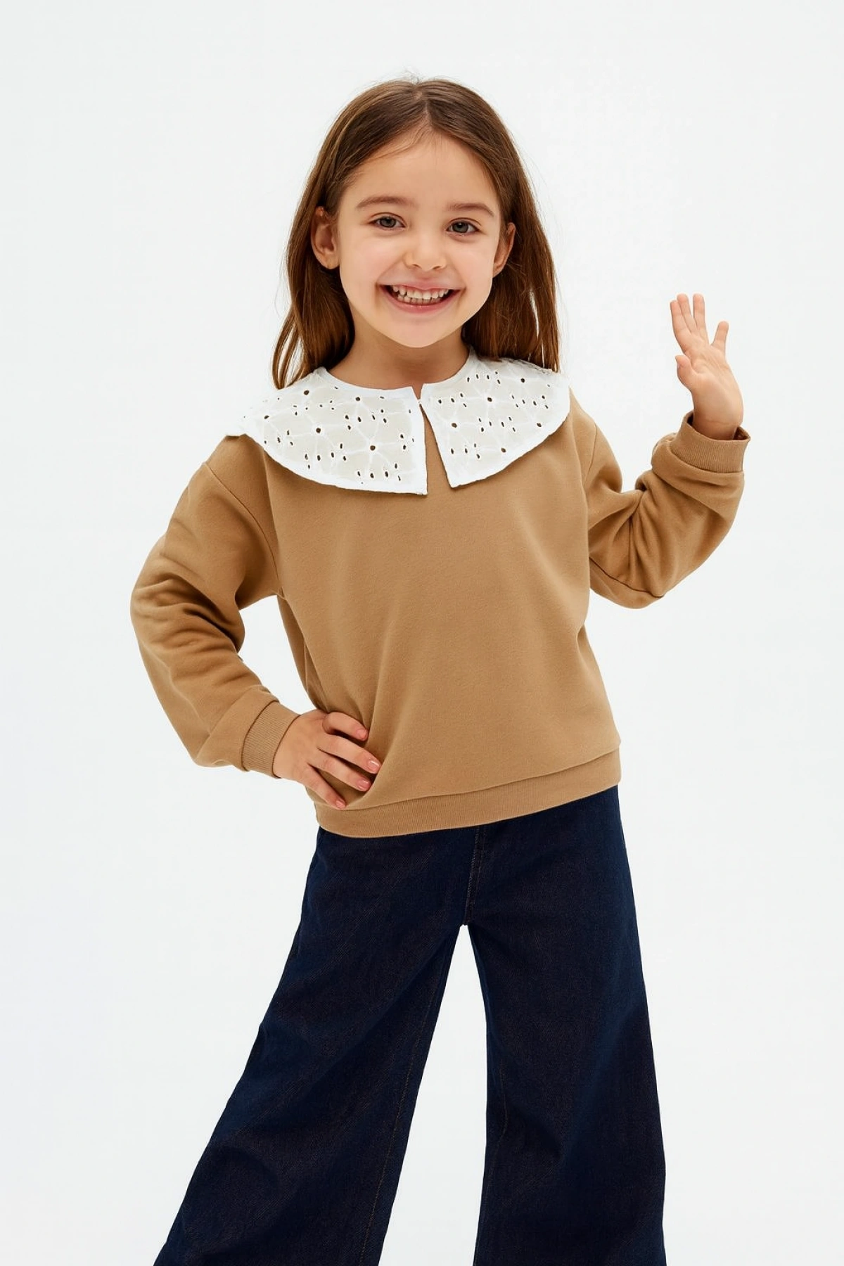 Kız Çocuk Brode Yaka %100 Pamuk Sweatshirt - Süs Brode Yakalı Çocuk Sweat