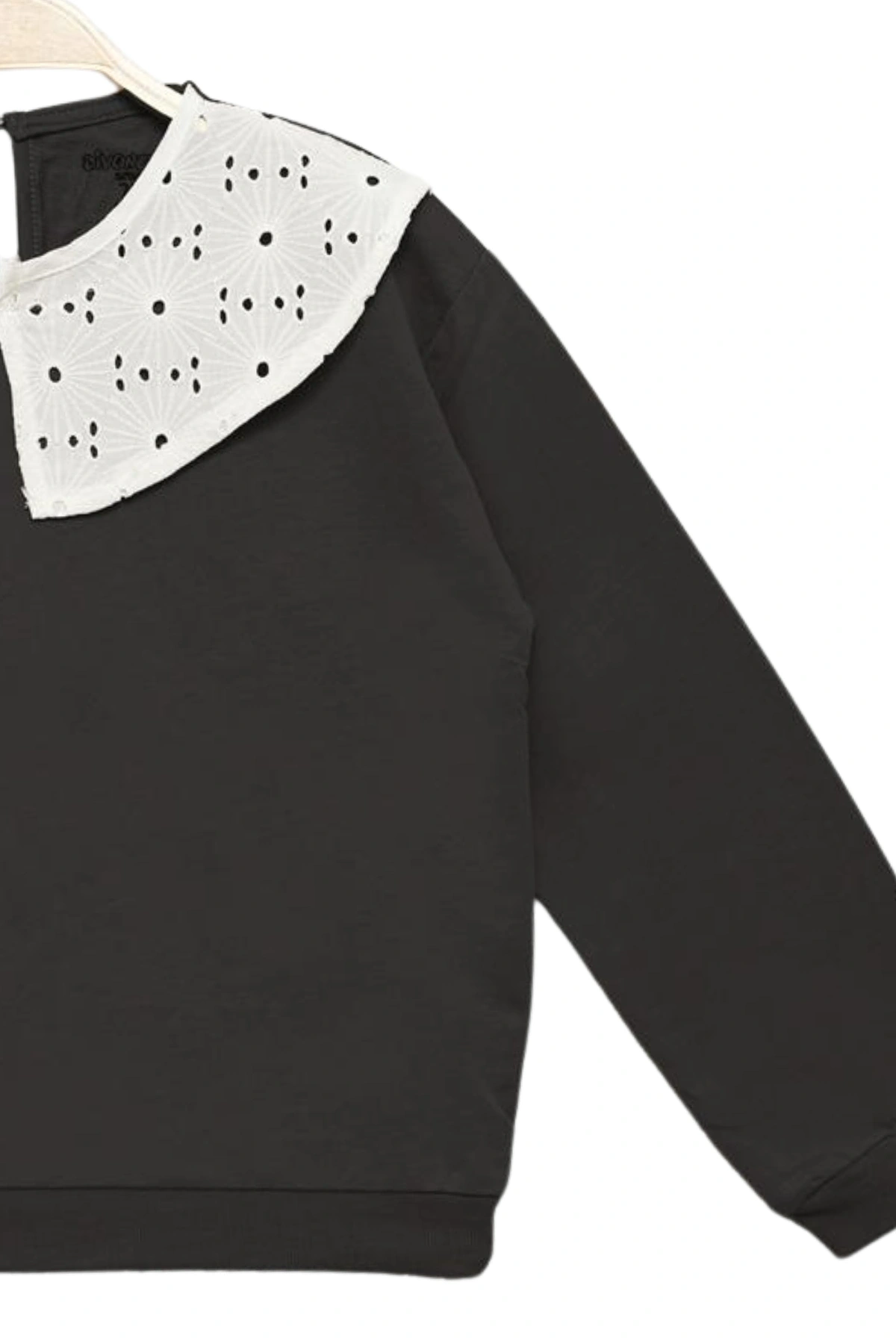 Kız Çocuk Brode Yaka %100 Pamuk Sweatshirt - Süs Brode Yakalı Çocuk Sweat