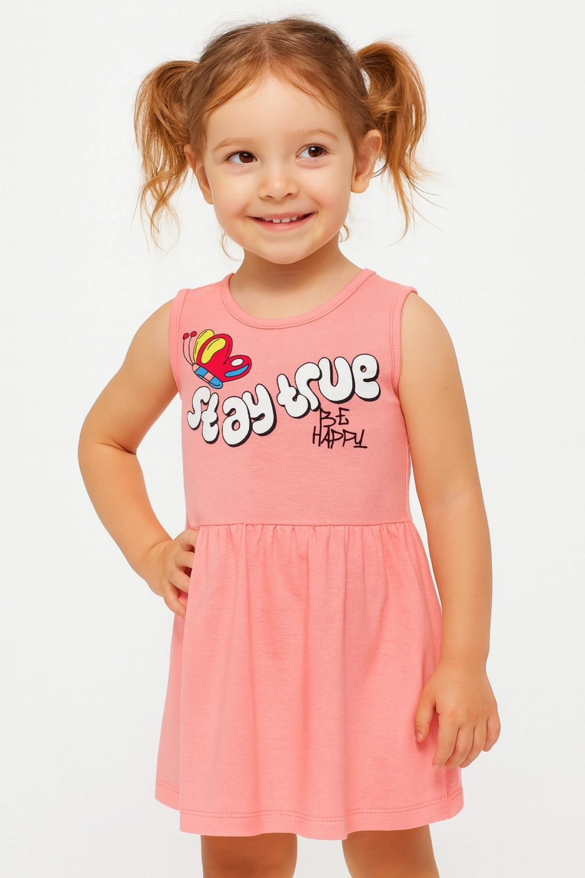 Kız Çocuk Büzgülü Bel Kolsuz Stay True Happy Baskılı Pembe Elbise