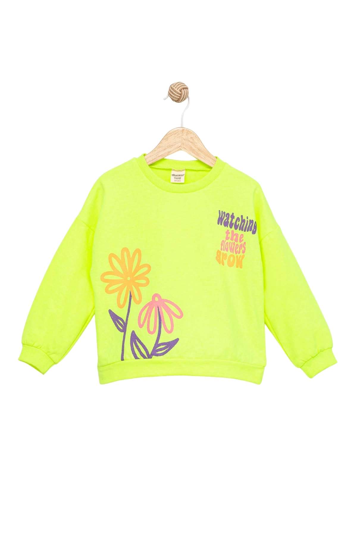 Kız Çocuk Sweatshirt Fosforlu Yeşil Uzun Kollu Yazı ve Çiçek Desenli Çocuk Sweat