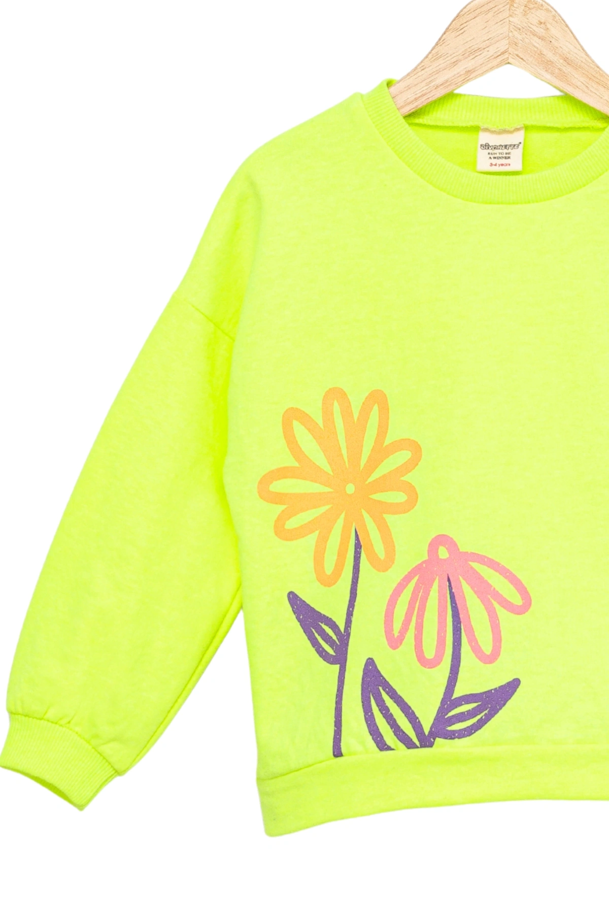 Kız Çocuk Sweatshirt Fosforlu Yeşil Uzun Kollu Yazı ve Çiçek Desenli Çocuk Sweat