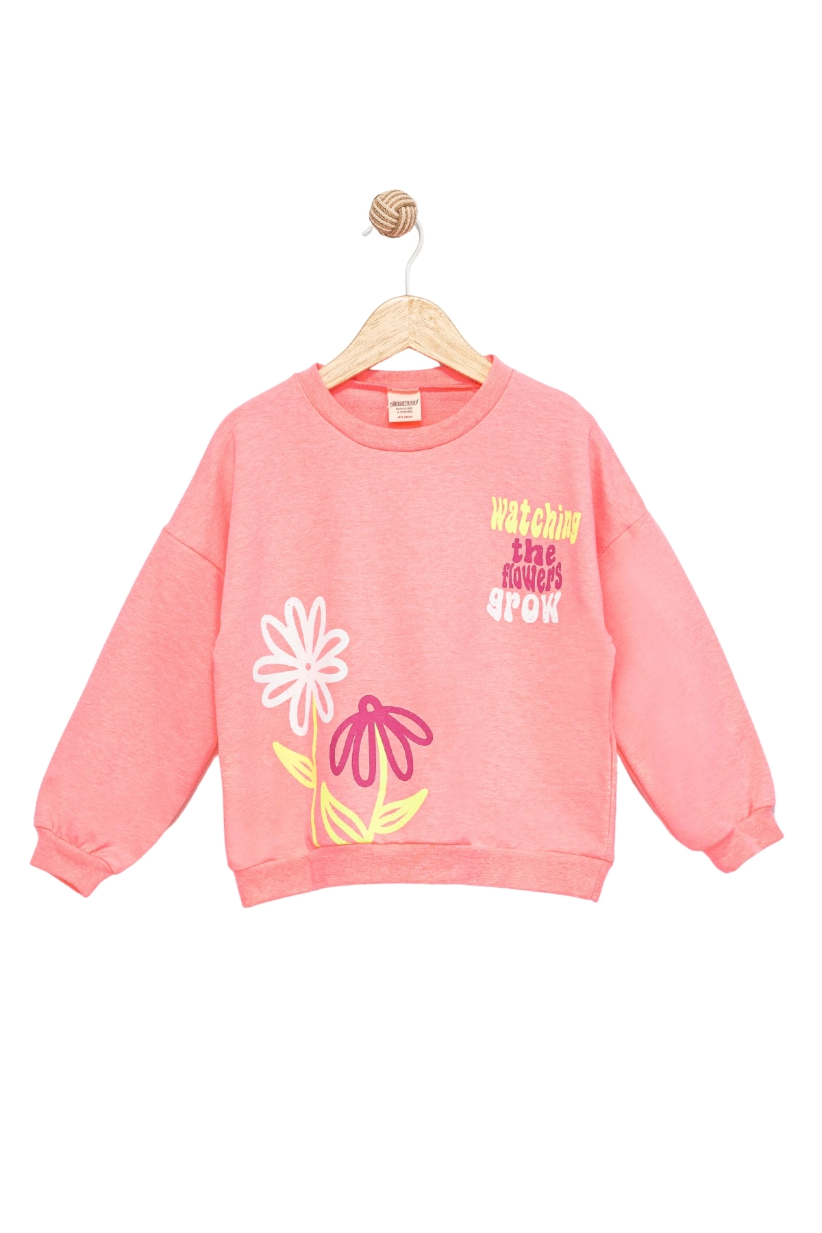 Kız Çocuk Sweatshirt Pembe Uzun Kollu Yazı ve Çiçek Desenli Çocuk Sweat