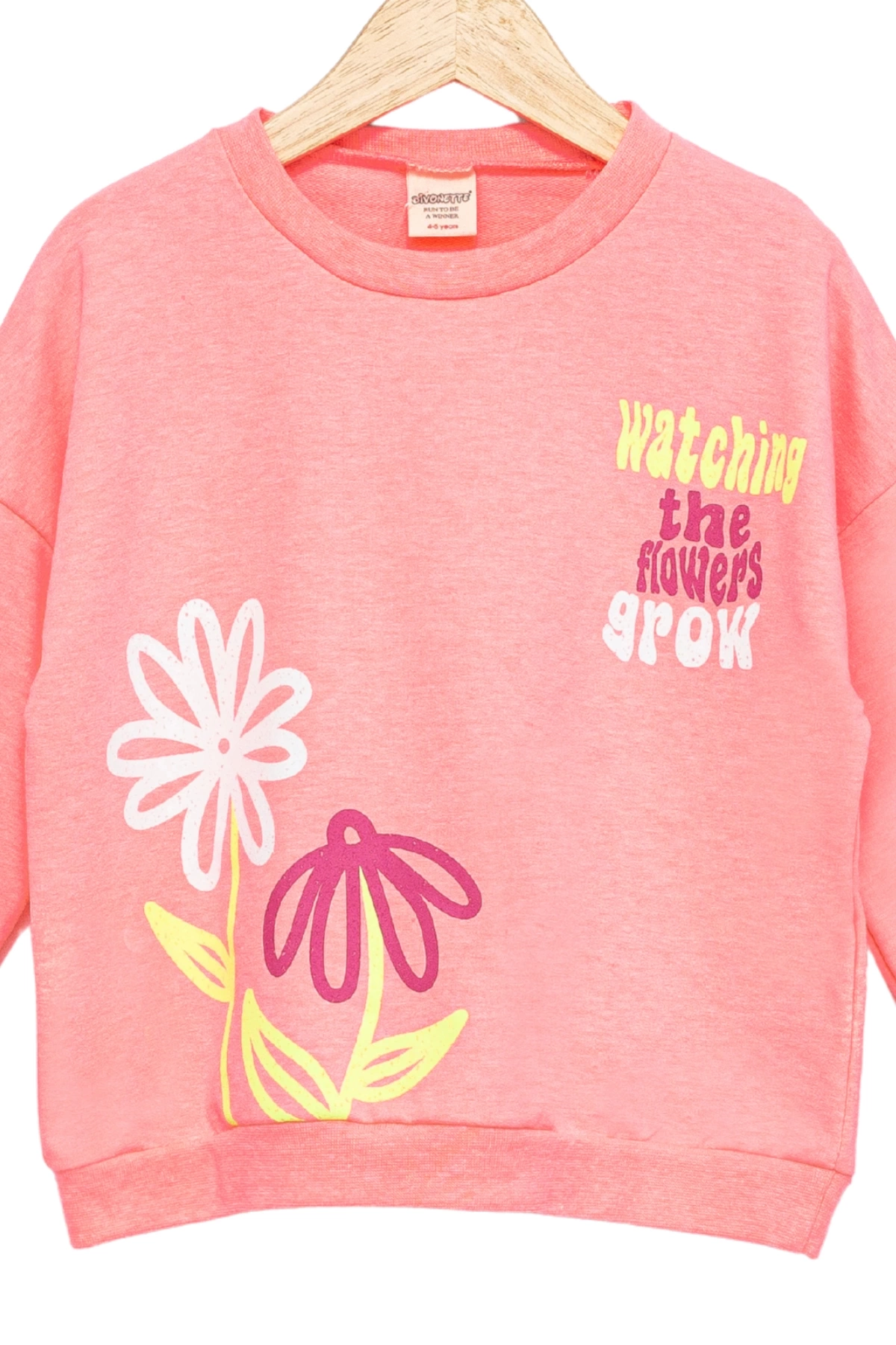Kız Çocuk Sweatshirt Pembe Uzun Kollu Yazı ve Çiçek Desenli Çocuk Sweat