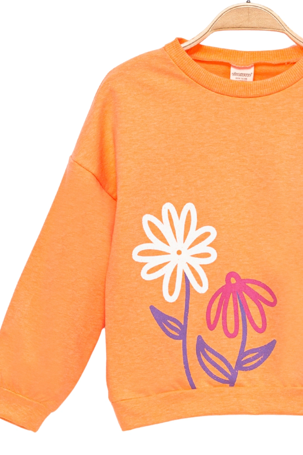Kız Çocuk Sweatshirt Turuncu Uzun Kollu Yazı ve Çiçek Desenli Çocuk Sweat