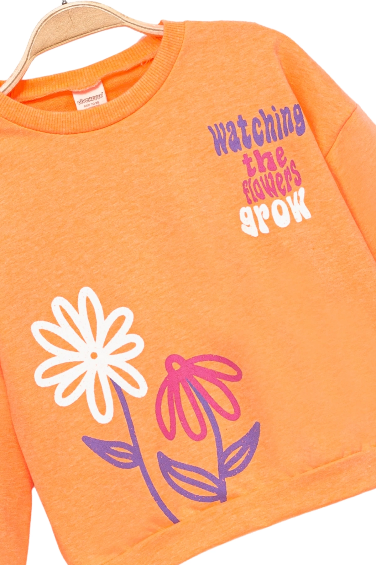 Kız Çocuk Sweatshirt Turuncu Uzun Kollu Yazı ve Çiçek Desenli Çocuk Sweat