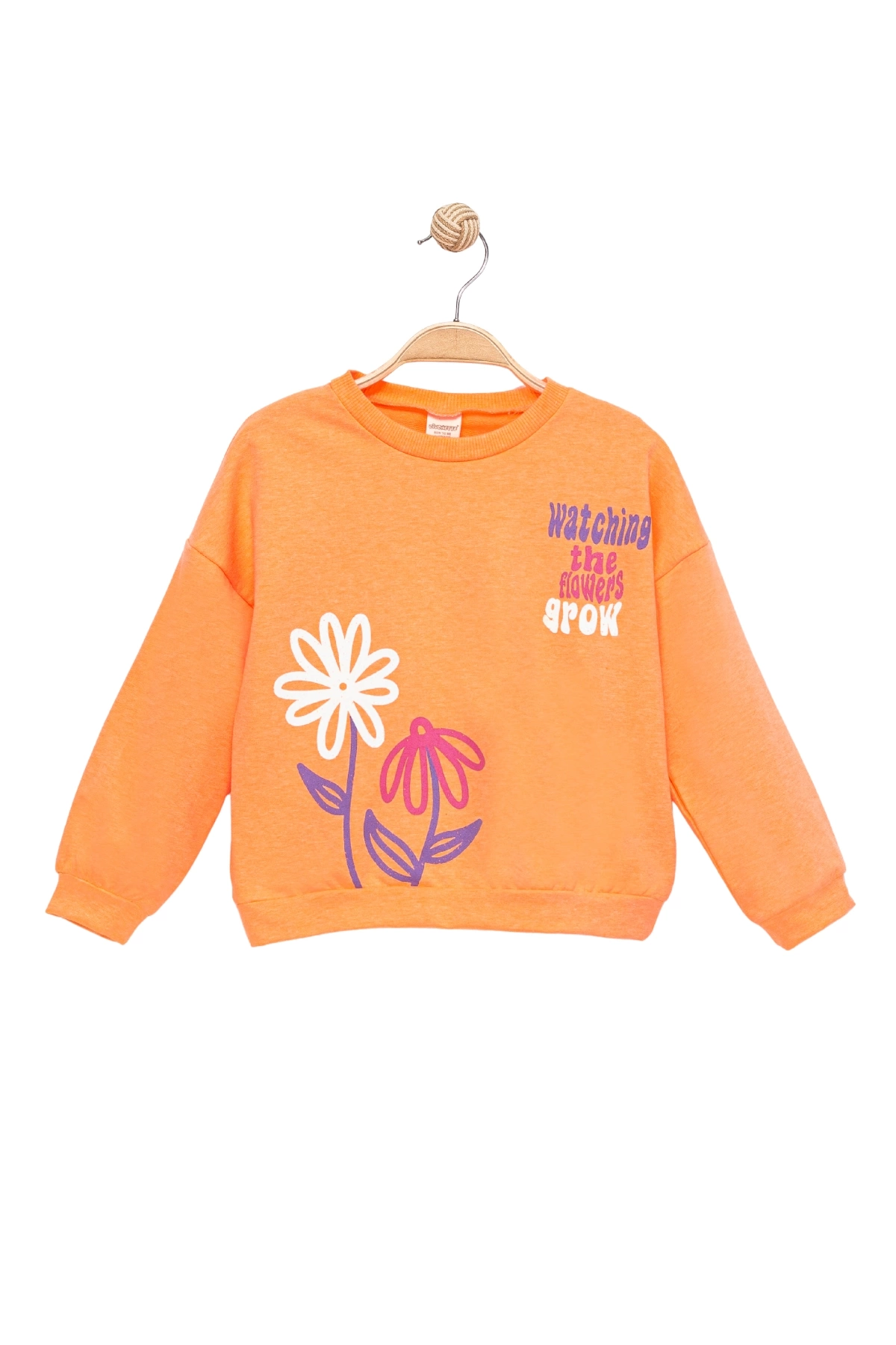 Kız Çocuk Sweatshirt Turuncu Uzun Kollu Yazı ve Çiçek Desenli Çocuk Sweat