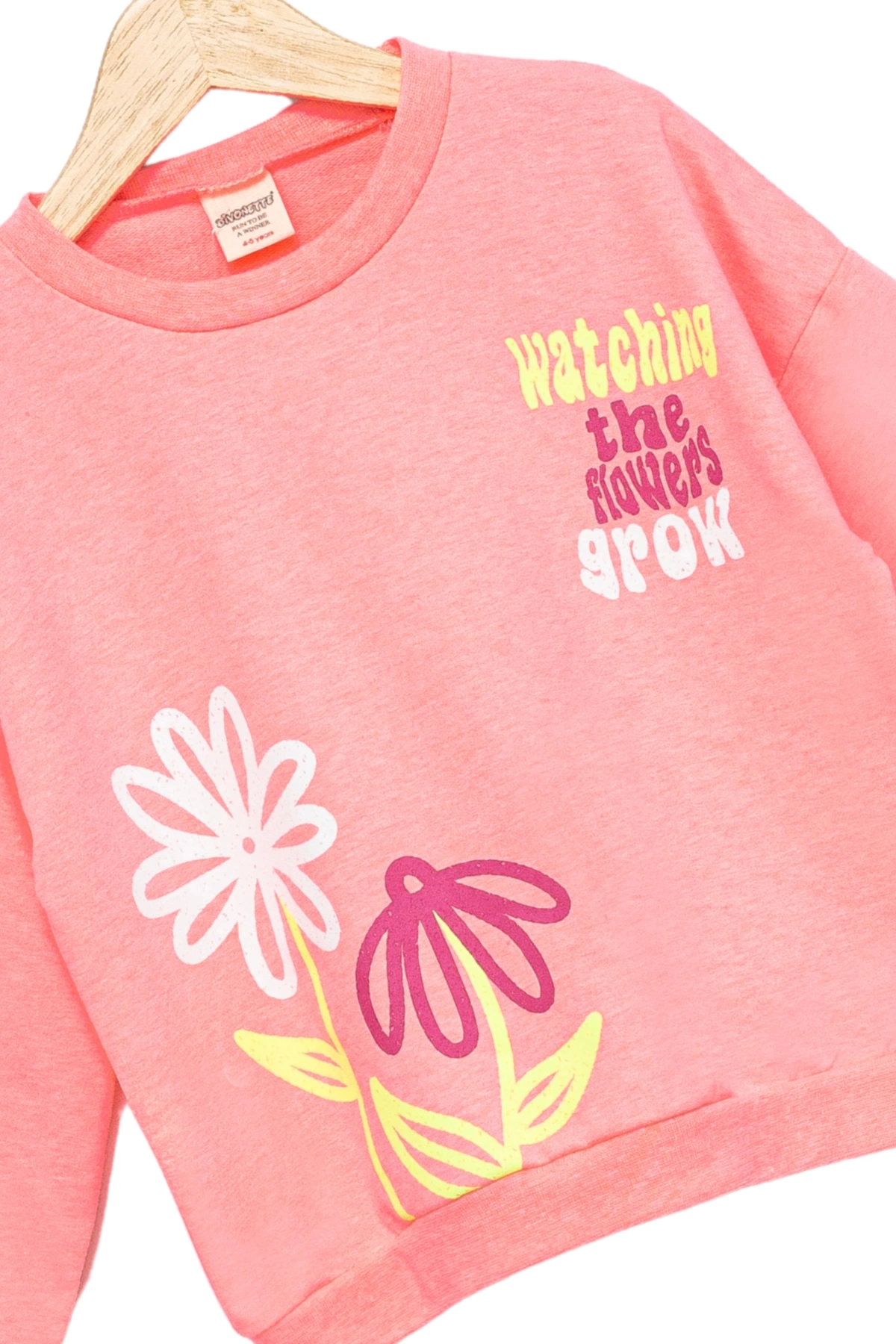 Kız Çocuk Sweatshirt Pembe Uzun Kollu Yazı ve Çiçek Desenli Çocuk Sweat