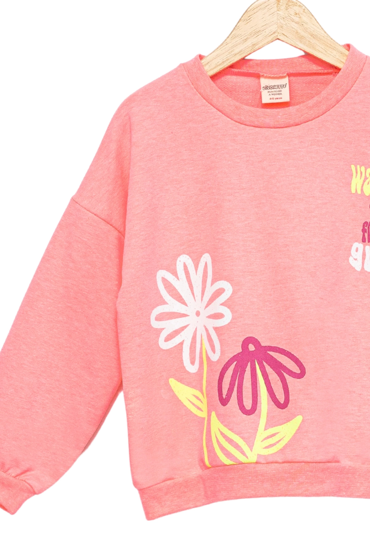 Kız Çocuk Sweatshirt Pembe Uzun Kollu Yazı ve Çiçek Desenli Çocuk Sweat