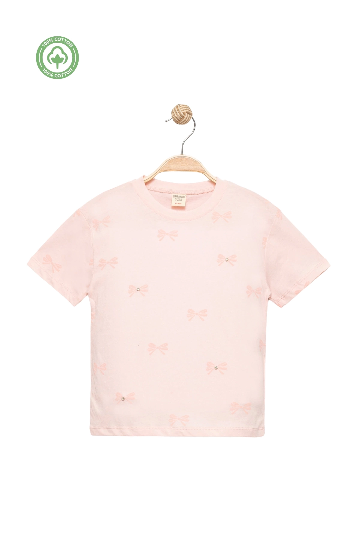 Kız Çocuk Fiyonklu Taş İşlemeli Kısa Kollu T-shirt -Çocuk Giyim