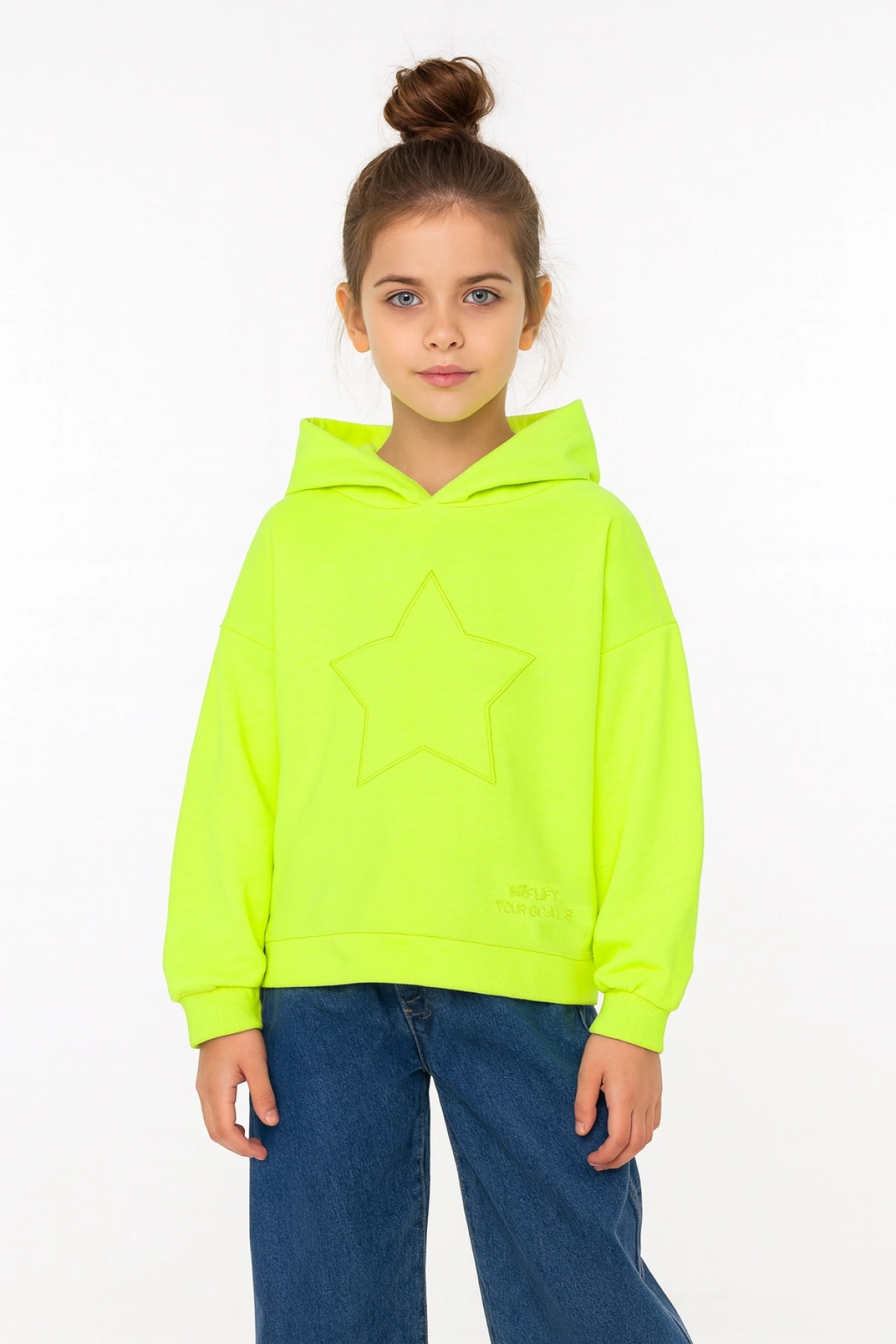 Kız Çocuk Kapşonlu Fosforlu Yeşil Sweatshirt - Yıldız Desenli Yazı Nakışlı Çocuk Sweat