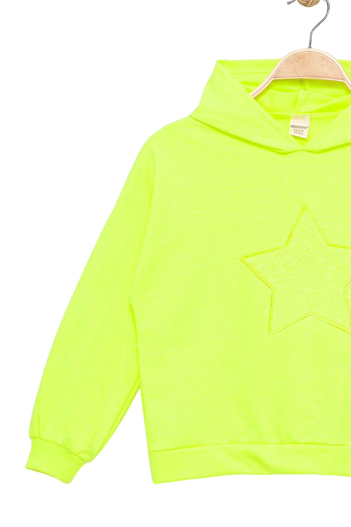 Kız Çocuk Kapşonlu Fosforlu Yeşil Sweatshirt - Yıldız Desenli Yazı Nakışlı Çocuk Sweat