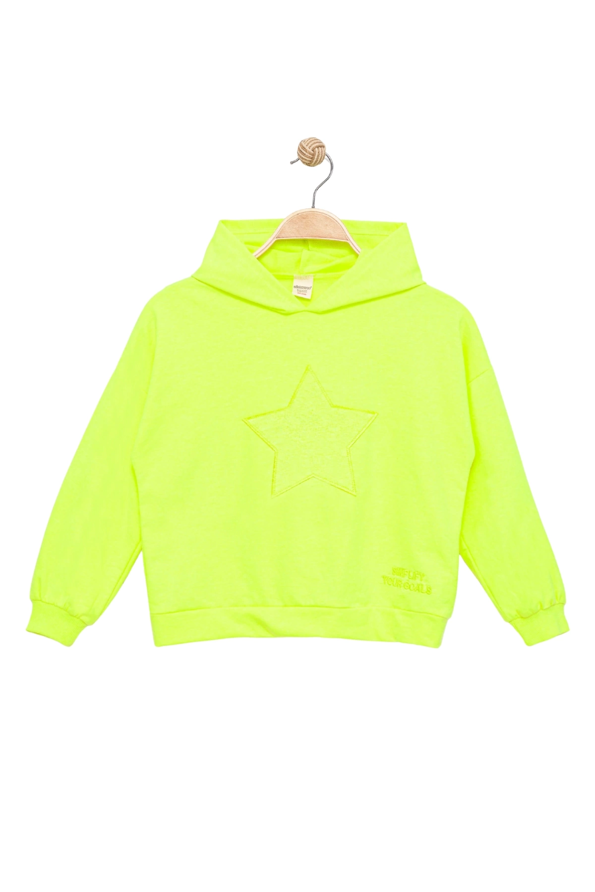 Kız Çocuk Kapşonlu Fosforlu Yeşil Sweatshirt - Yıldız Desenli Yazı Nakışlı Çocuk Sweat