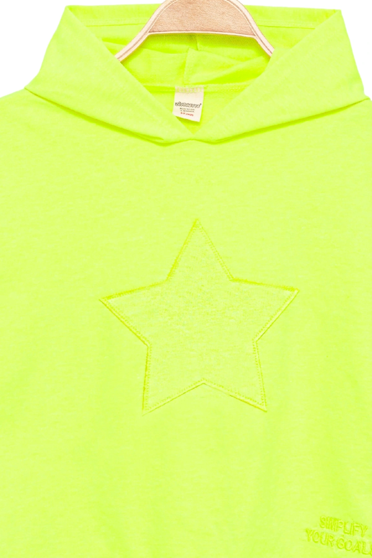 Kız Çocuk Kapşonlu Fosforlu Yeşil Sweatshirt - Yıldız Desenli Yazı Nakışlı Çocuk Sweat