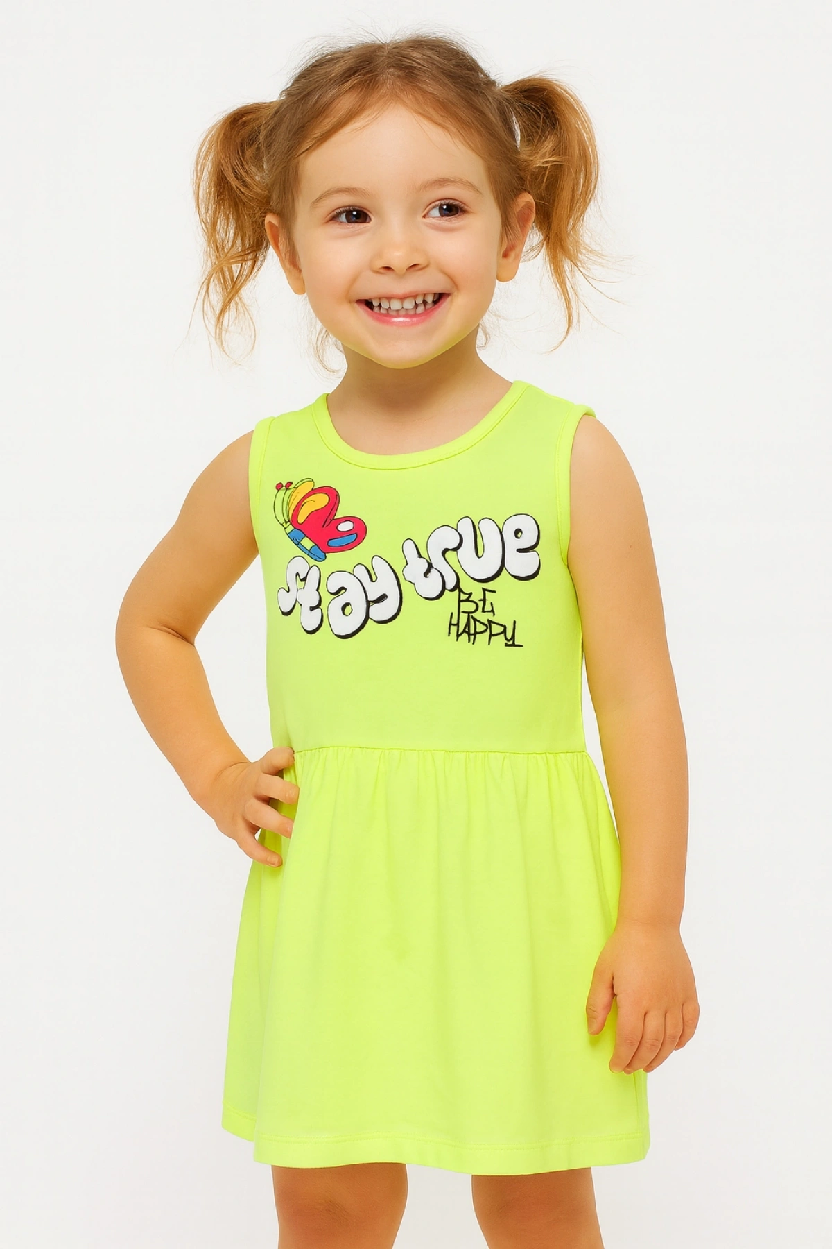 Kız Çocuk Neon Yeşil Kolsuz Stay True Happy Baskılı Elbise