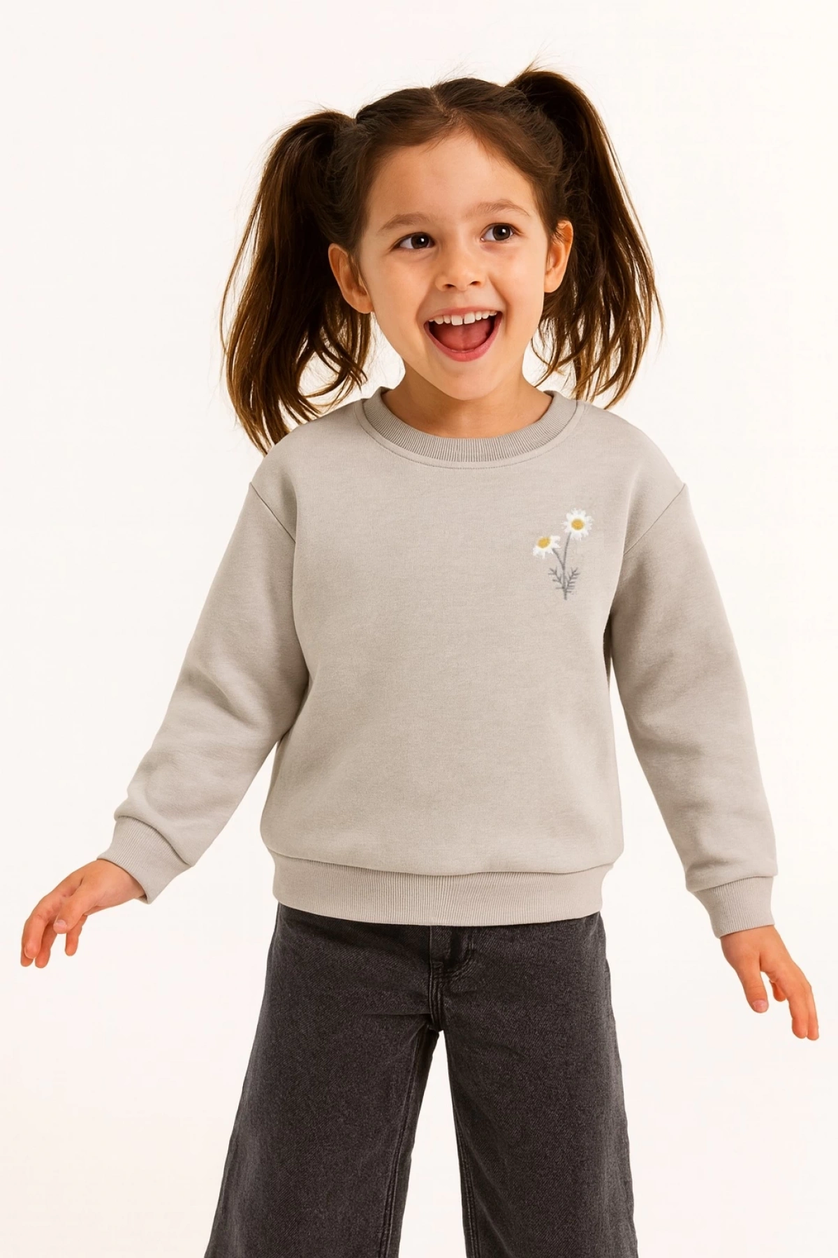 Kız Çocuk Papatyalı Gri Sweatshirt - Şık Kız Giyim