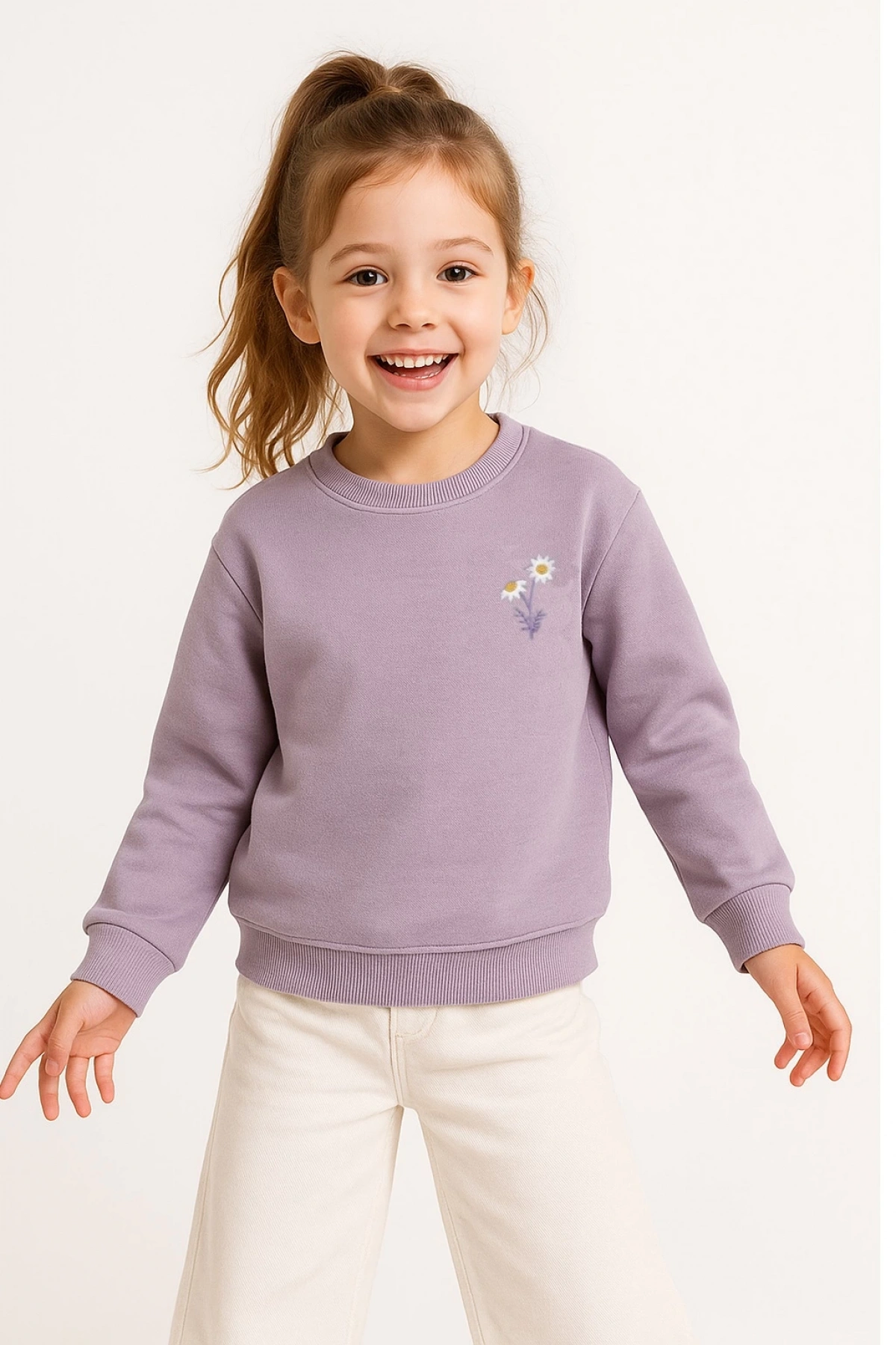 Kız Çocuk Papatyalı Lila Sweatshirt - Şık Kız Giyim