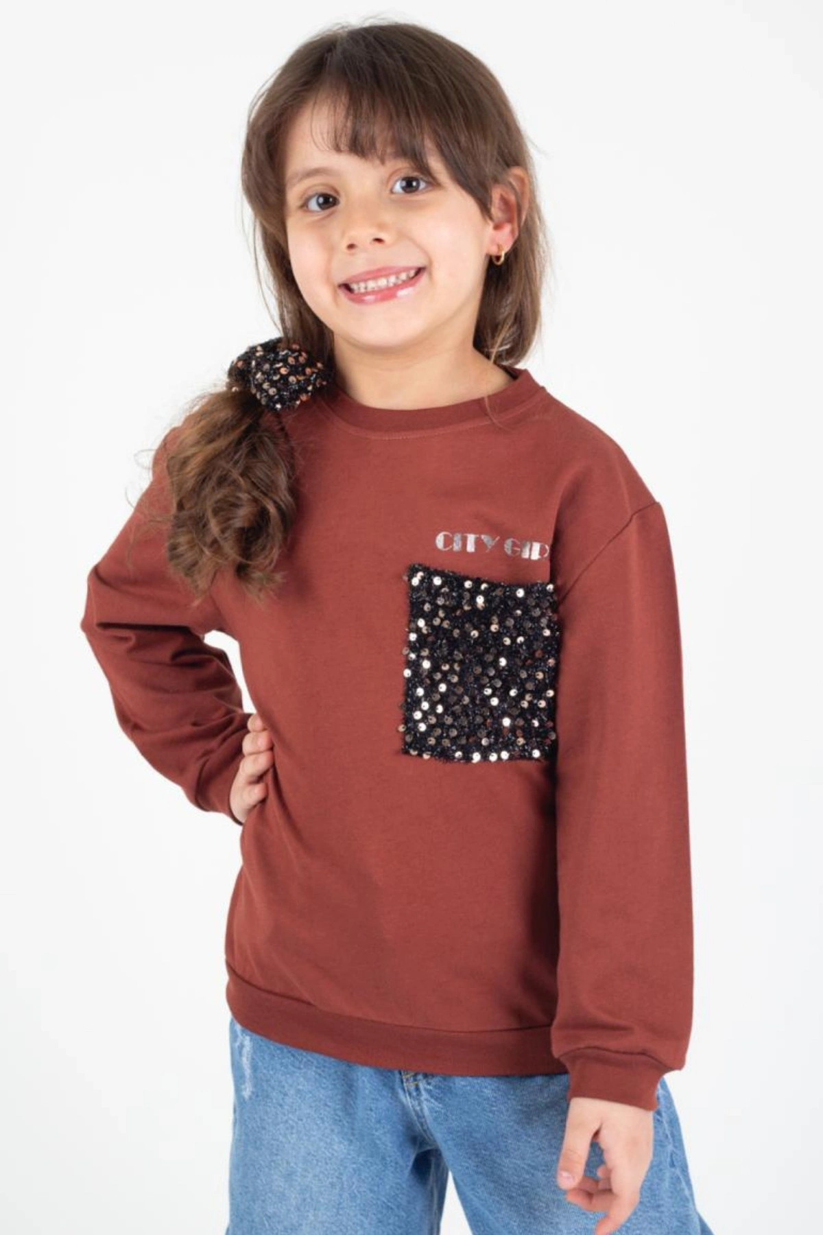 Kız Çocuk Pullu Cep Detaylı Sweatshirt - Süs Cep Detaylı Çocuk Sweat