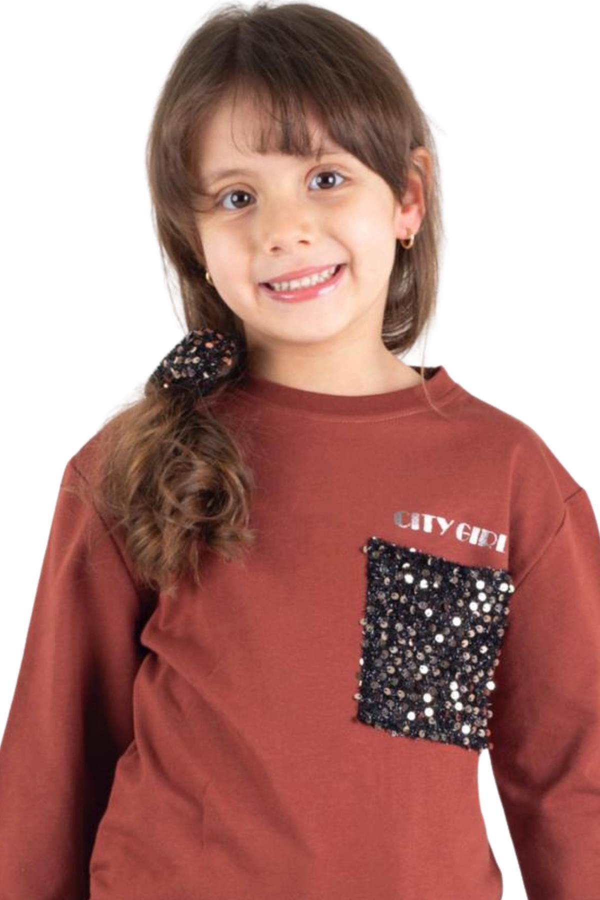 Kız Çocuk Pullu Cep Detaylı Sweatshirt - Süs Cep Detaylı Çocuk Sweat