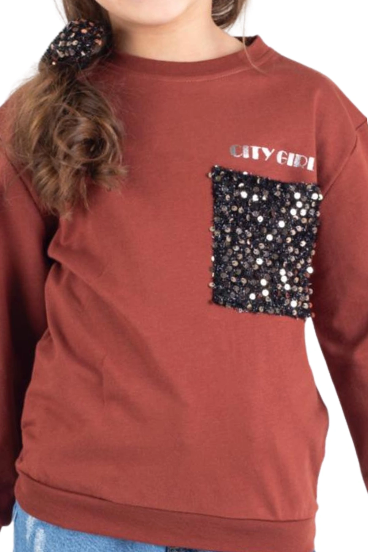 Kız Çocuk Pullu Cep Detaylı Sweatshirt - Süs Cep Detaylı Çocuk Sweat